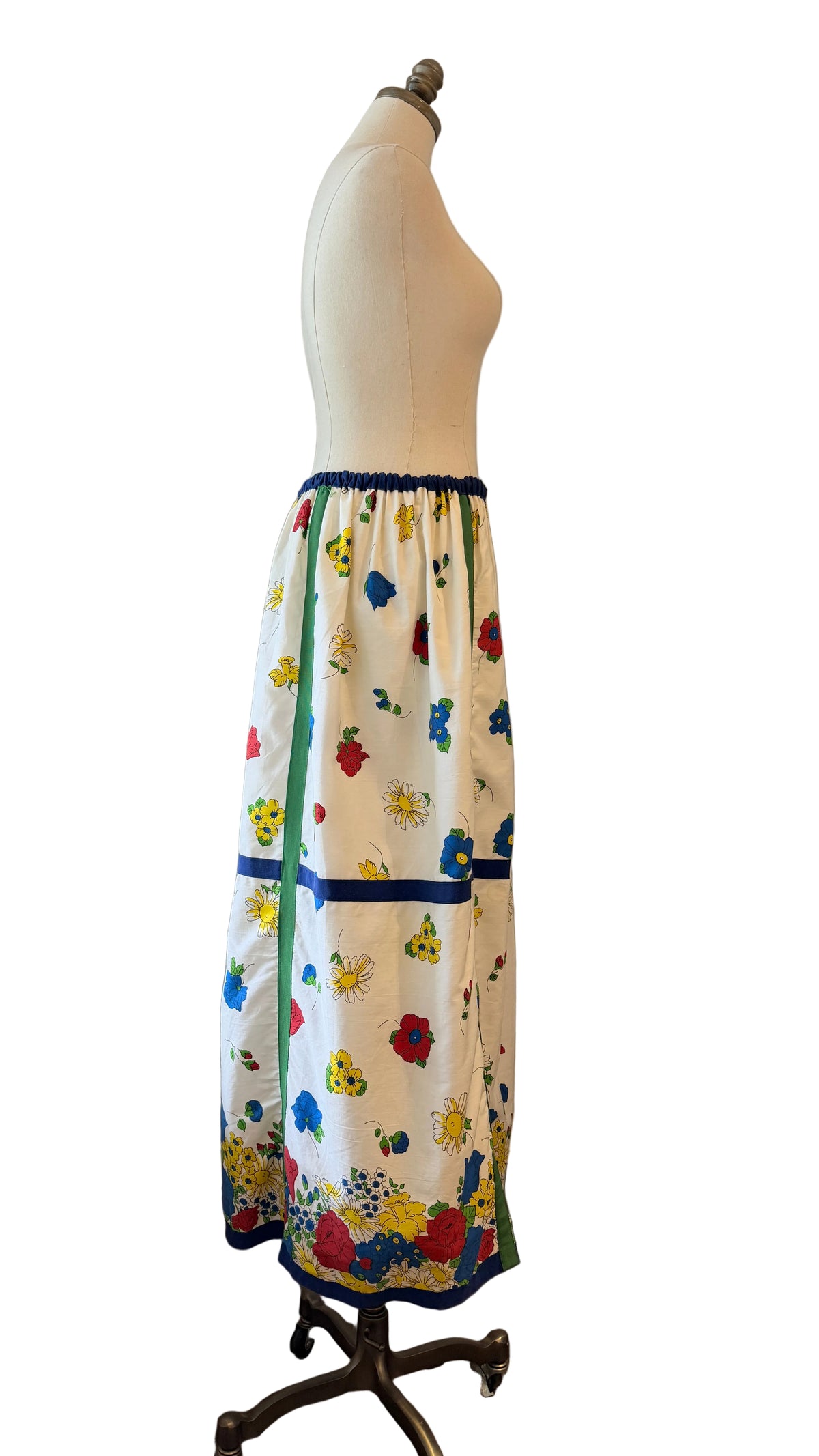 1970s Cotton Floral Print Maxi Skirt/Dress with Grosgrain Ribbon Trim