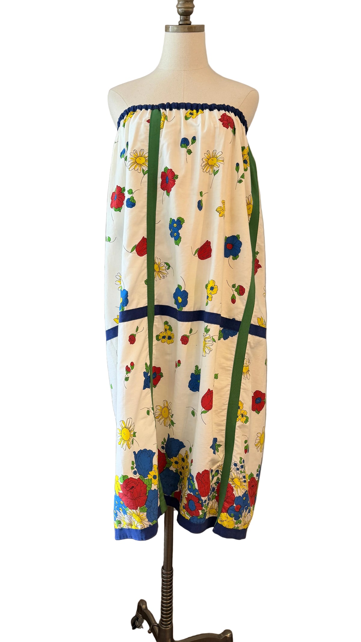 1970s Cotton Floral Print Maxi Skirt/Dress with Grosgrain Ribbon Trim