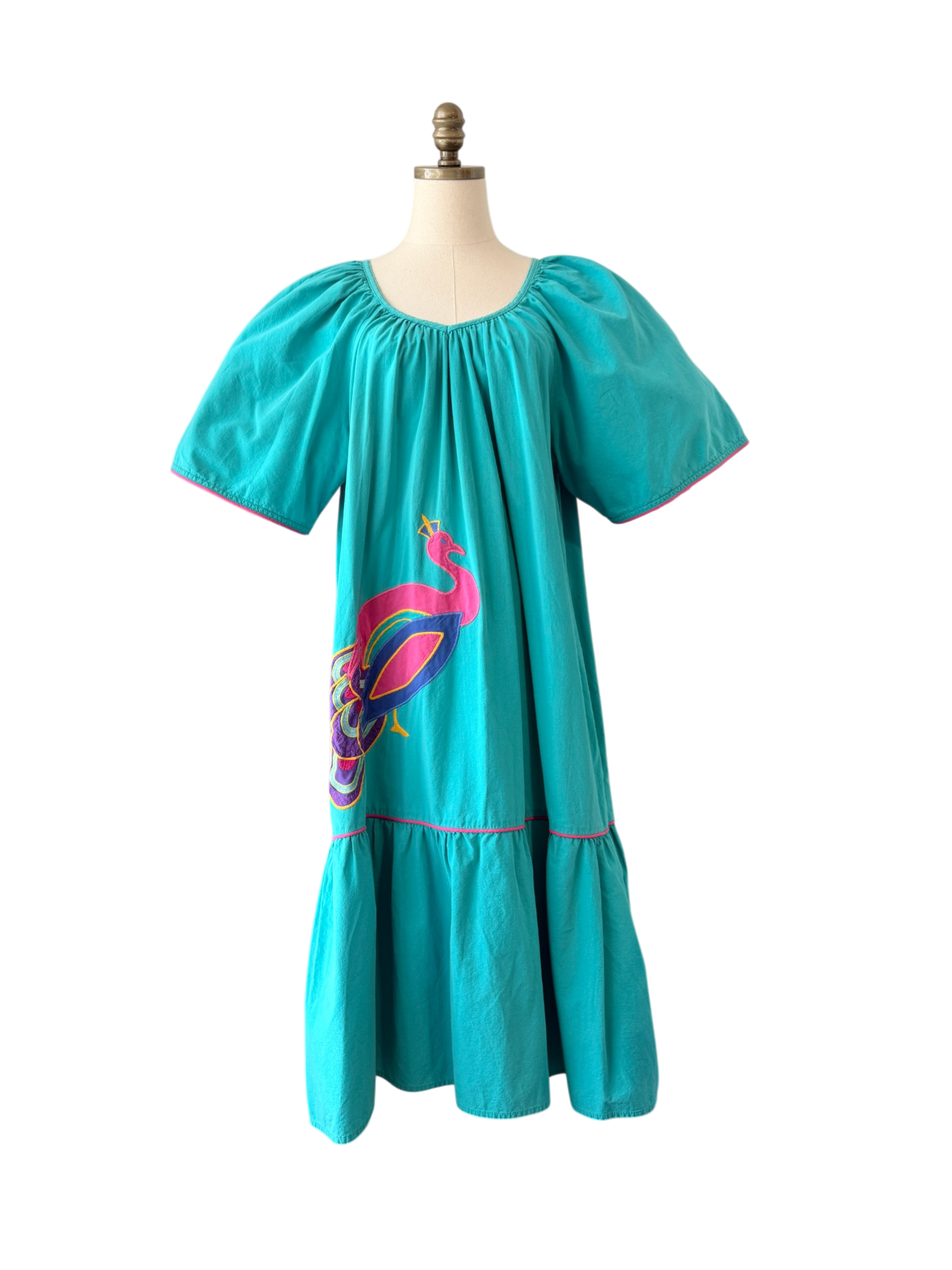 1970s Appel Patio Dress with Ruffle Hem, Butterfly Sleeves & Peacock Appliqué