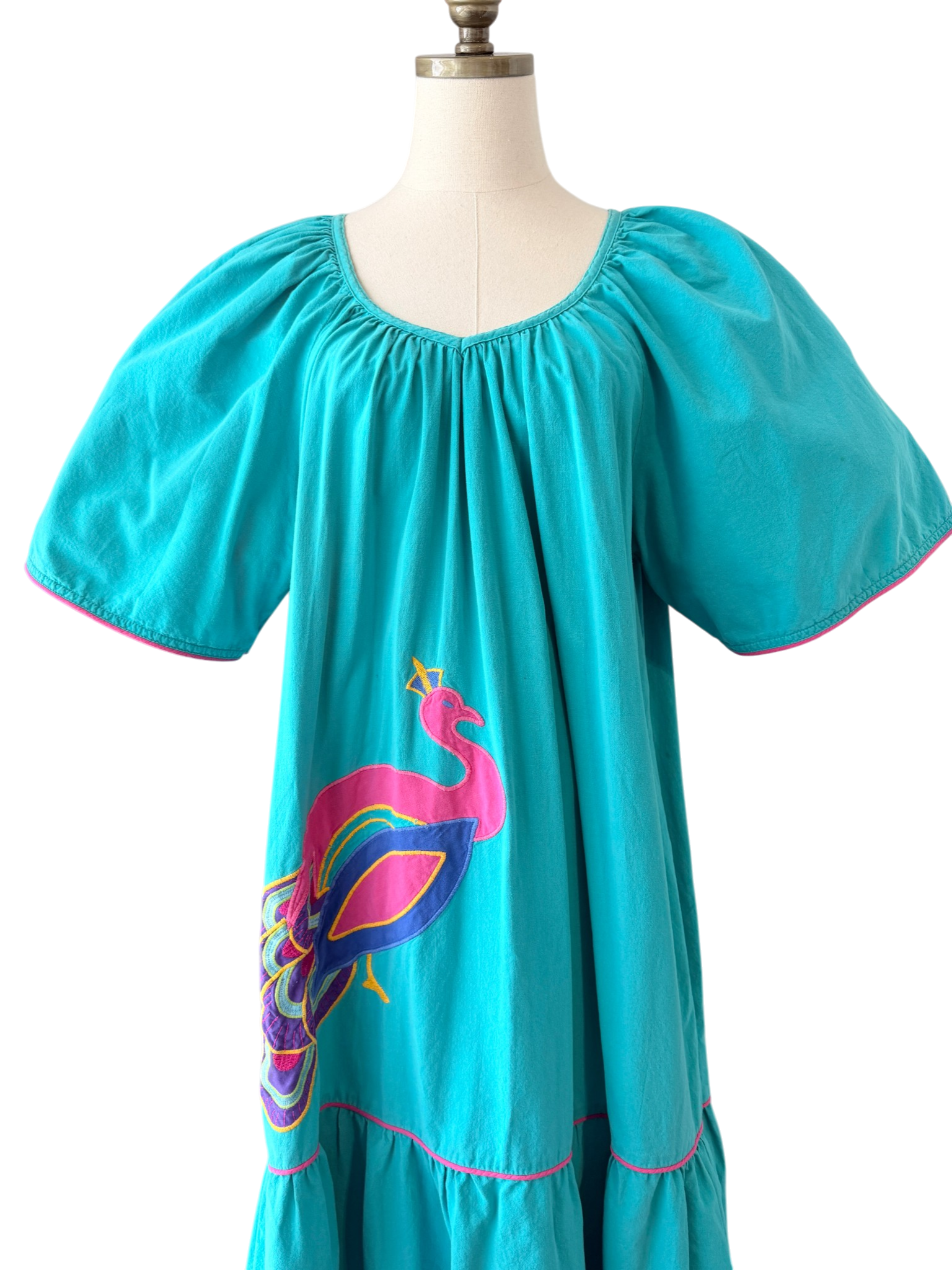 1970s Appel Patio Dress with Ruffle Hem, Butterfly Sleeves & Peacock Appliqué