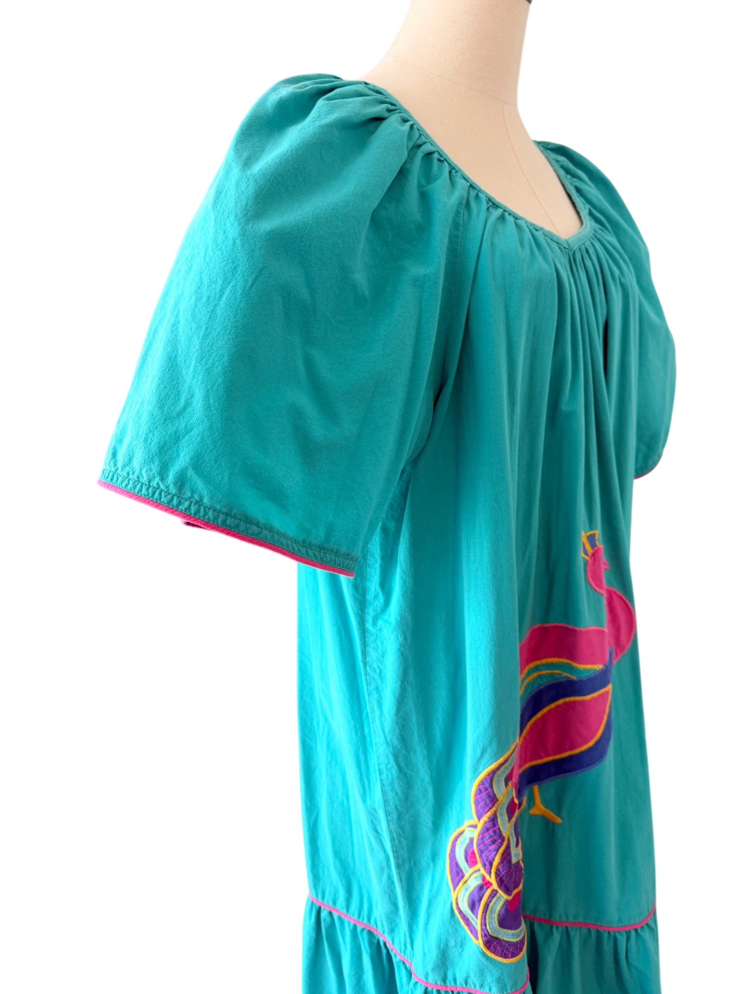 1970s Appel Patio Dress with Ruffle Hem, Butterfly Sleeves & Peacock Appliqué