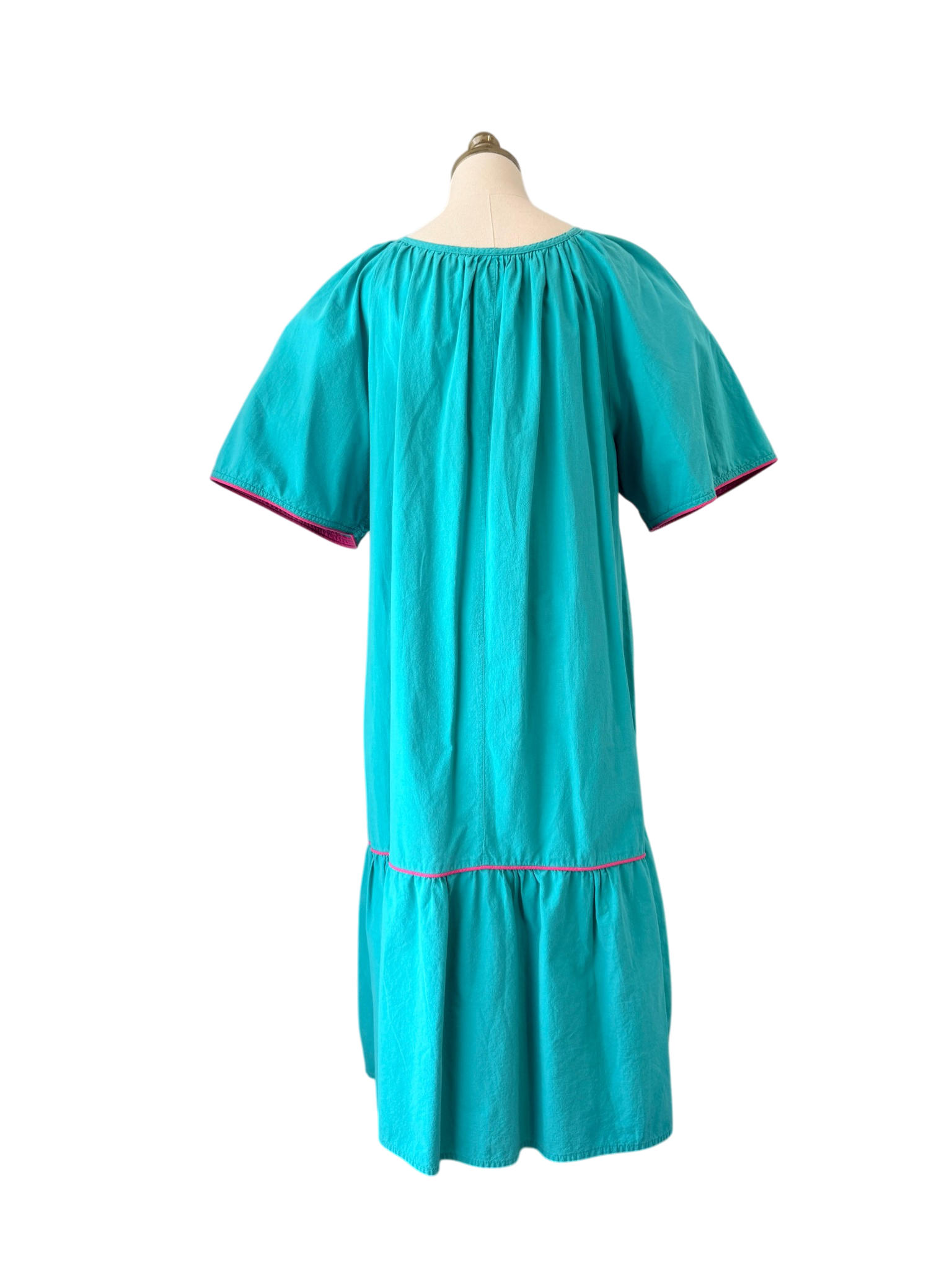 1970s Appel Patio Dress with Ruffle Hem, Butterfly Sleeves & Peacock Appliqué