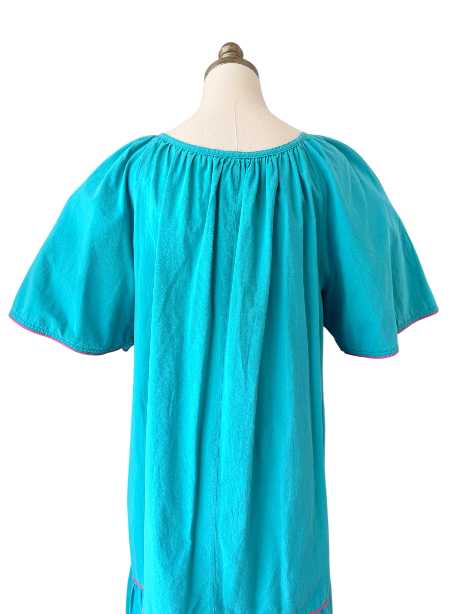 1970s Appel Patio Dress with Ruffle Hem, Butterfly Sleeves & Peacock Appliqué