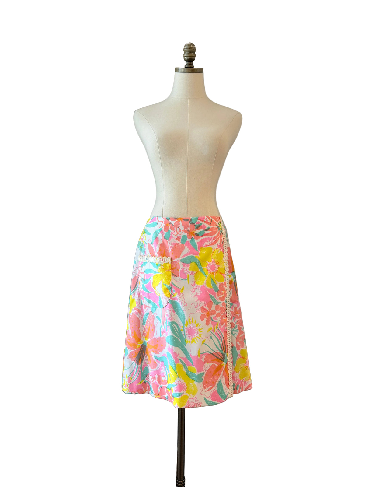 1960s The Lilly Pastel Floral Faux-Wrap Mini Skirt with Rickrack Trim & Front Pocket