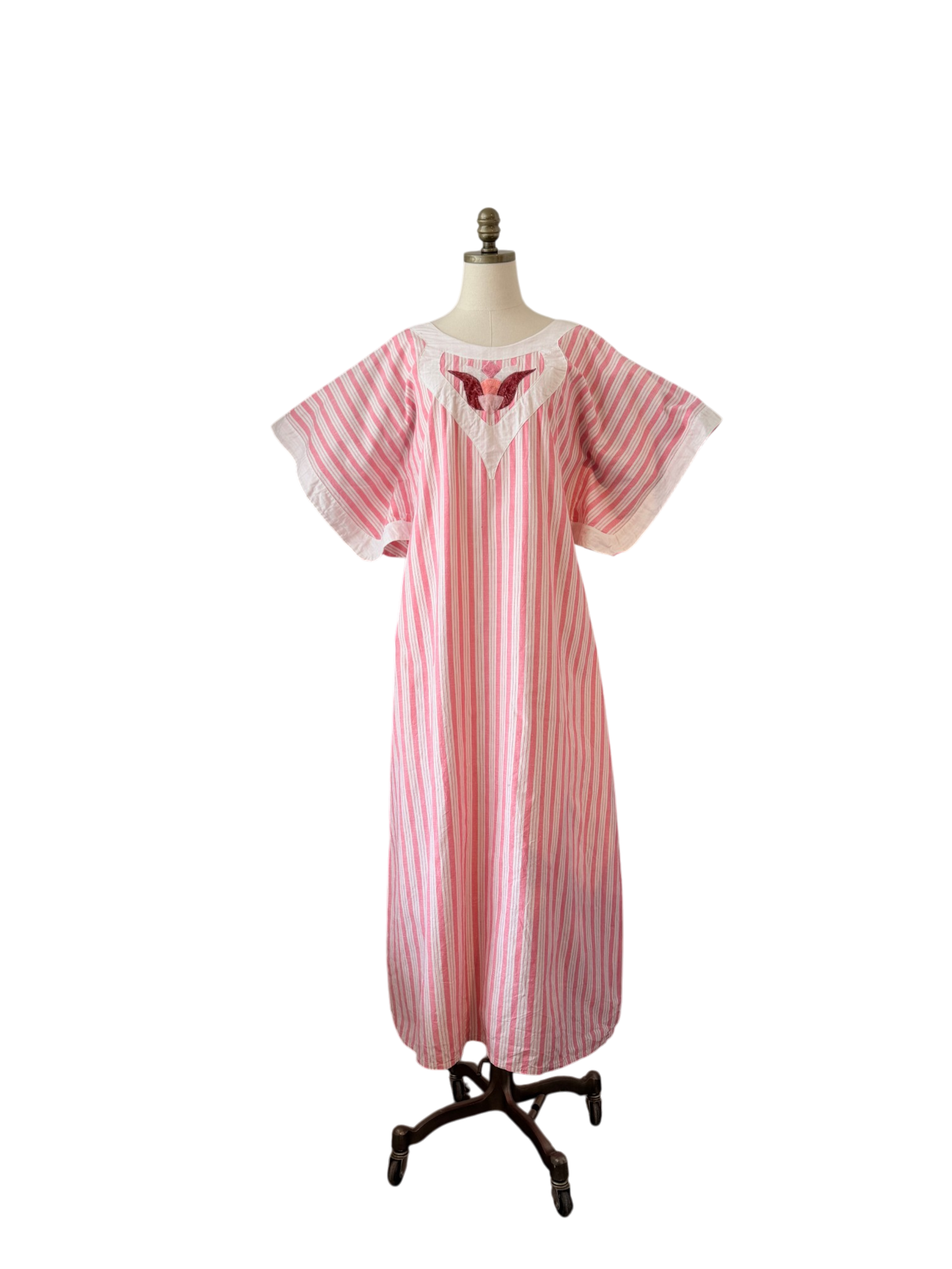 1980s Anna Maria Righetti Pink & White Striped Caftan with Patchwork Appliqué