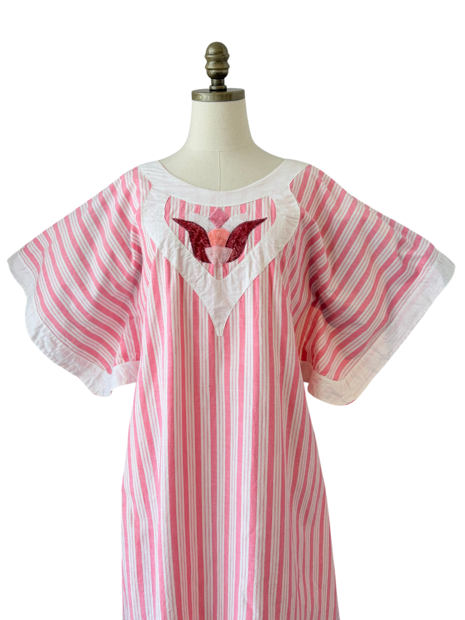 1980s Anna Maria Righetti Pink & White Striped Caftan with Patchwork Appliqué