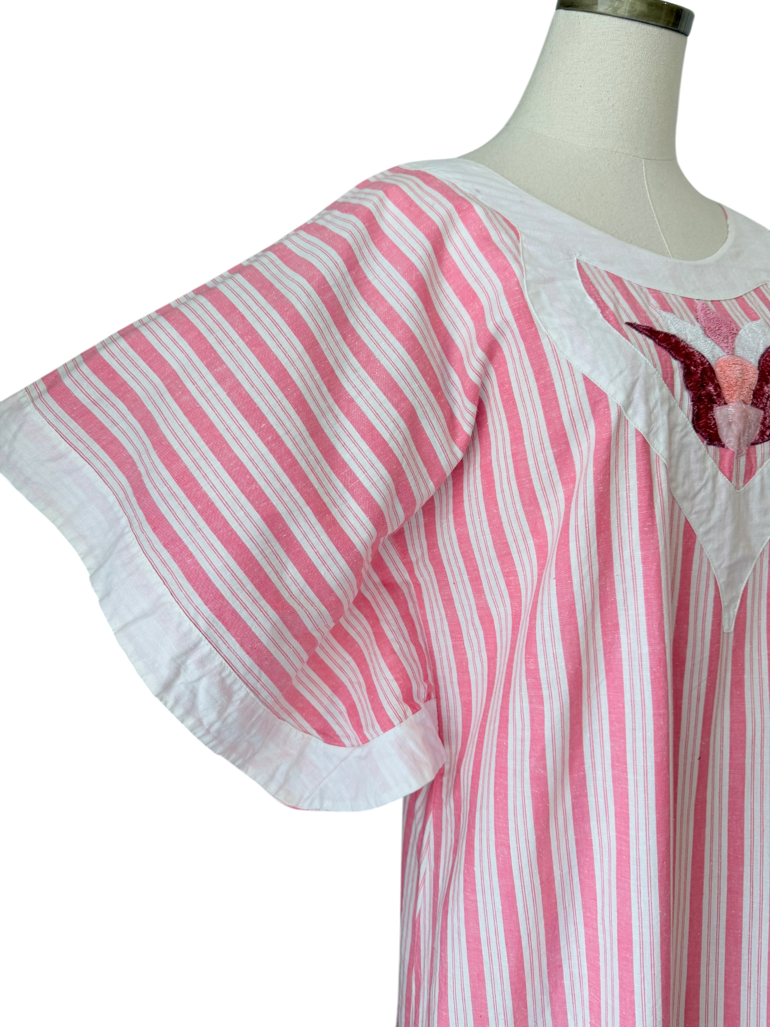 1980s Anna Maria Righetti Pink & White Striped Caftan with Patchwork Appliqué