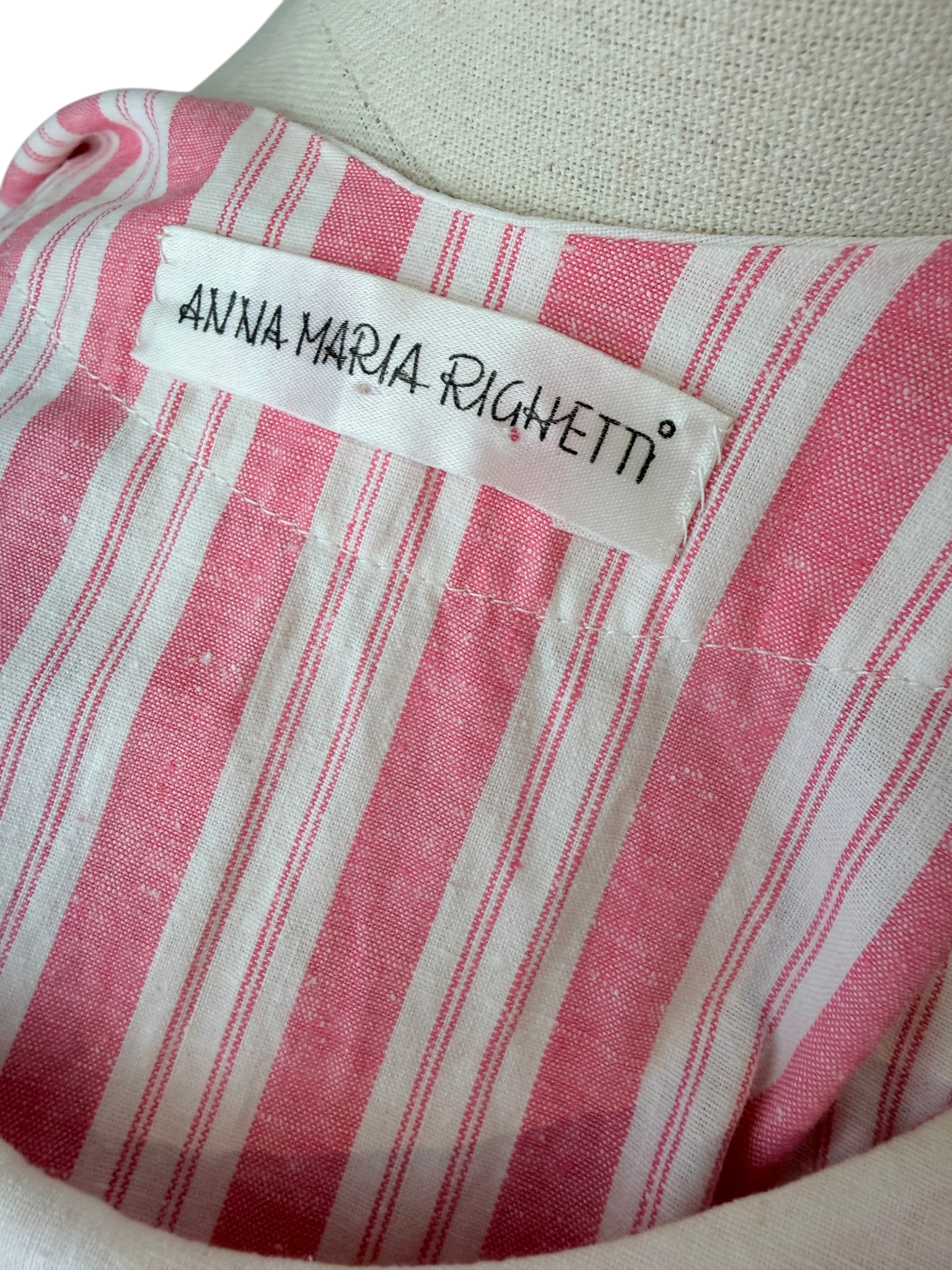1980s Anna Maria Righetti Pink & White Striped Caftan with Patchwork Appliqué
