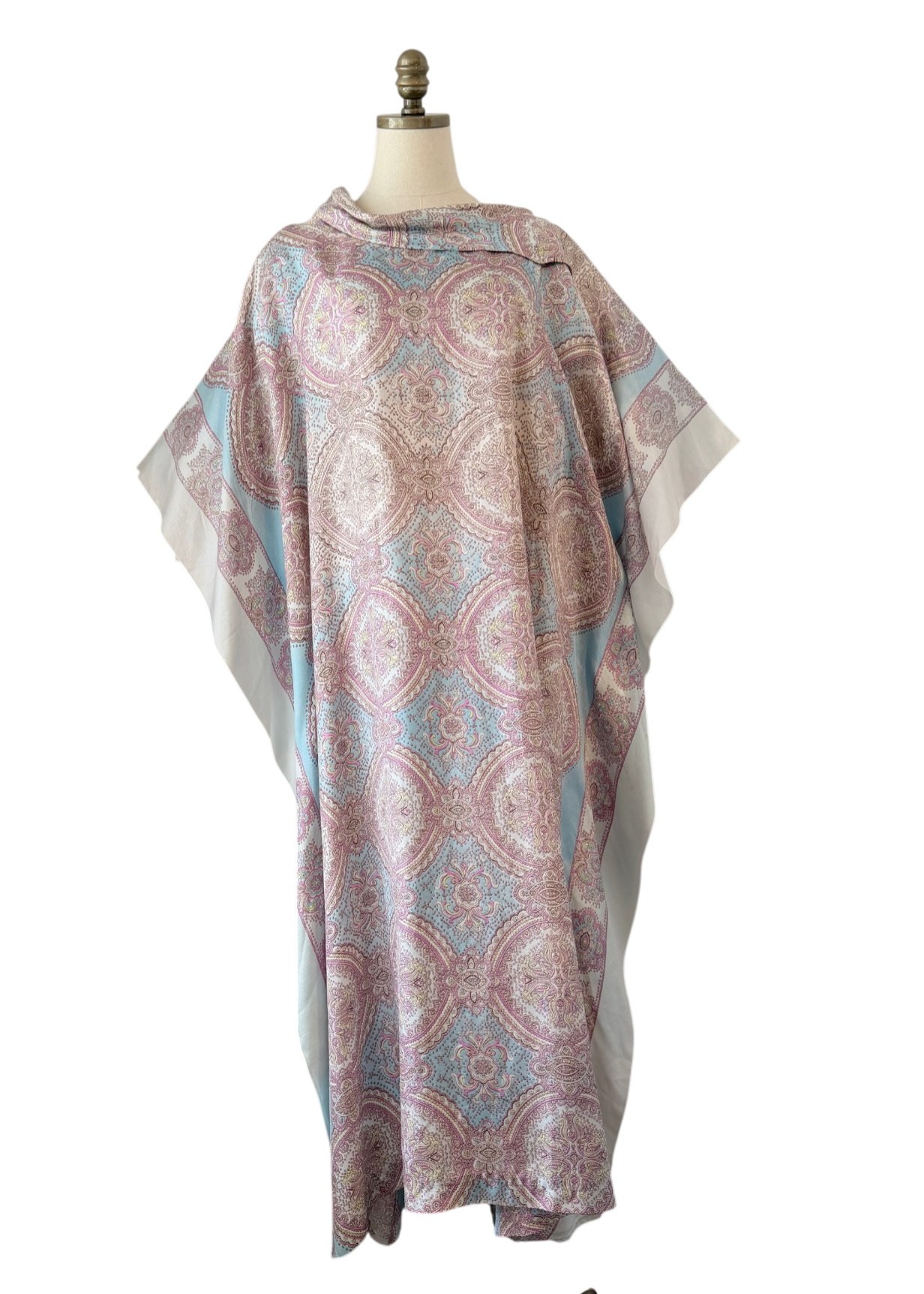 1970s Pastel Moroccan Print Caftan with Shawl Collar