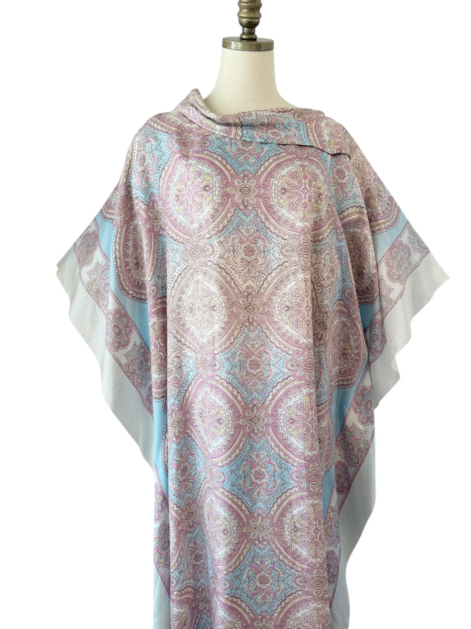 1970s Pastel Moroccan Print Caftan with Shawl Collar