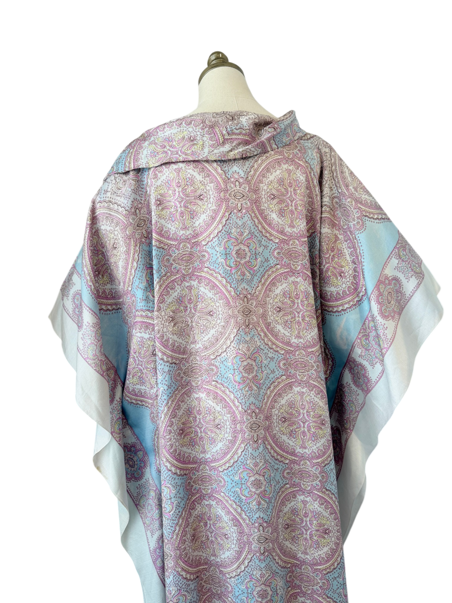 1970s Pastel Moroccan Print Caftan with Shawl Collar