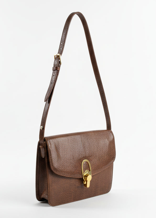 1960s Brown Python Flap Top Purse with Gold Turn-Lock Closure