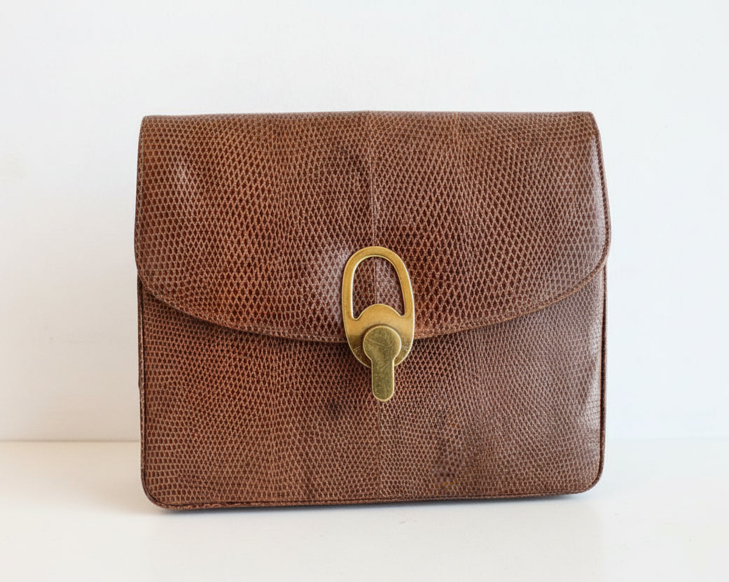 1960s Brown Python Flap Top Purse with Gold Turn-Lock Closure