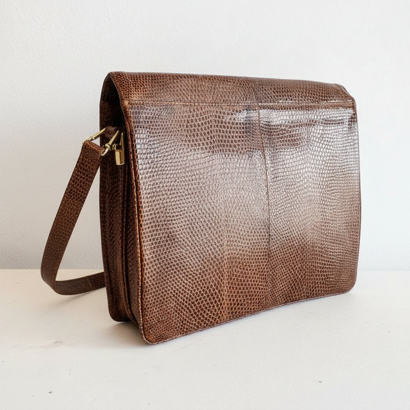 1960s Brown Python Flap Top Purse with Gold Turn-Lock Closure