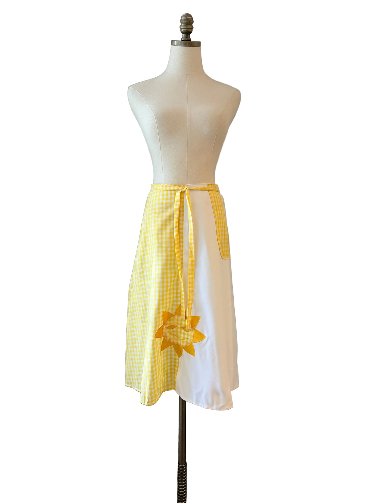 1960s Maureen Peña Original Yellow & White Gingham Wrap Skirt with Sun Appliqué