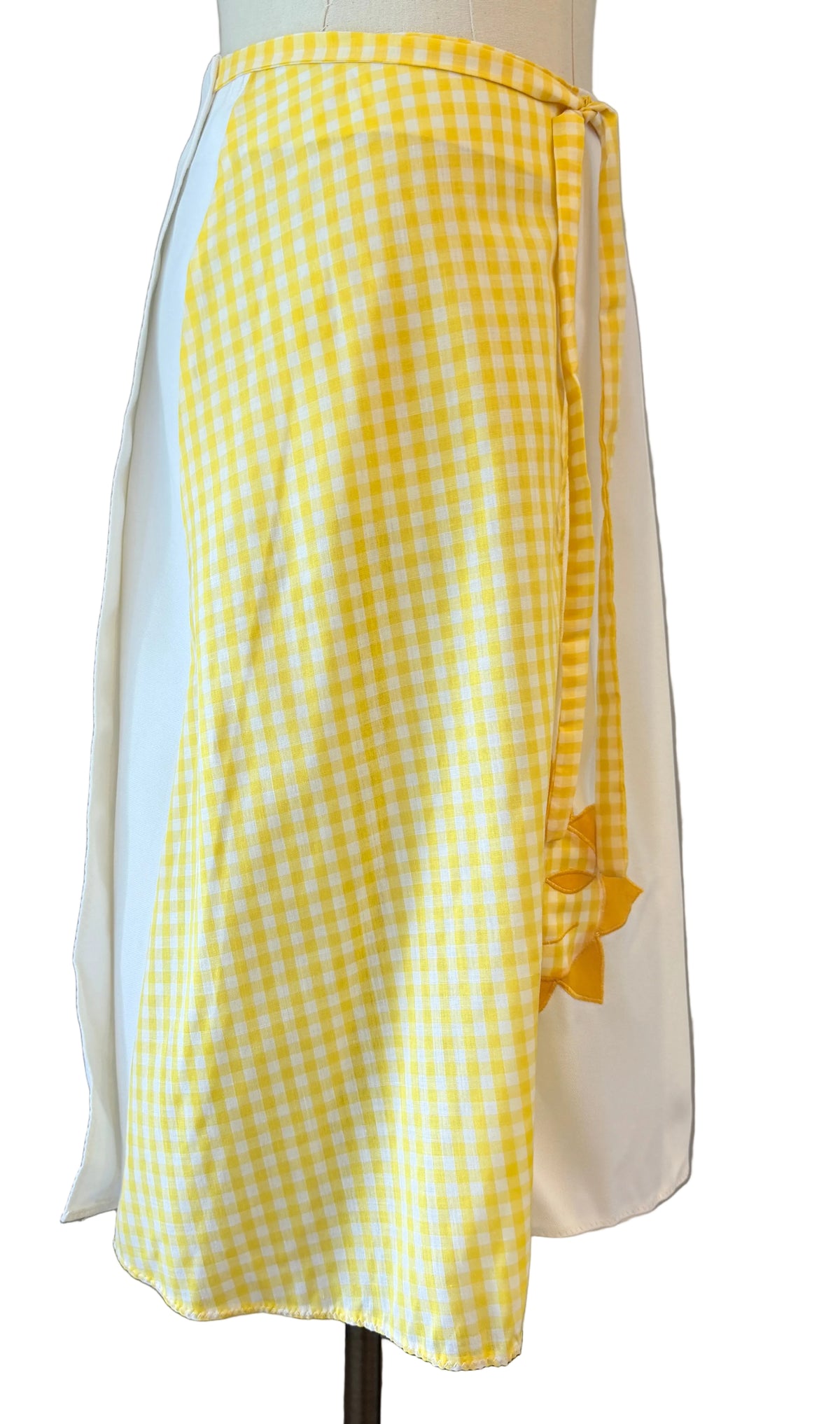 1960s Maureen Peña Original Yellow & White Gingham Wrap Skirt with Sun Appliqué