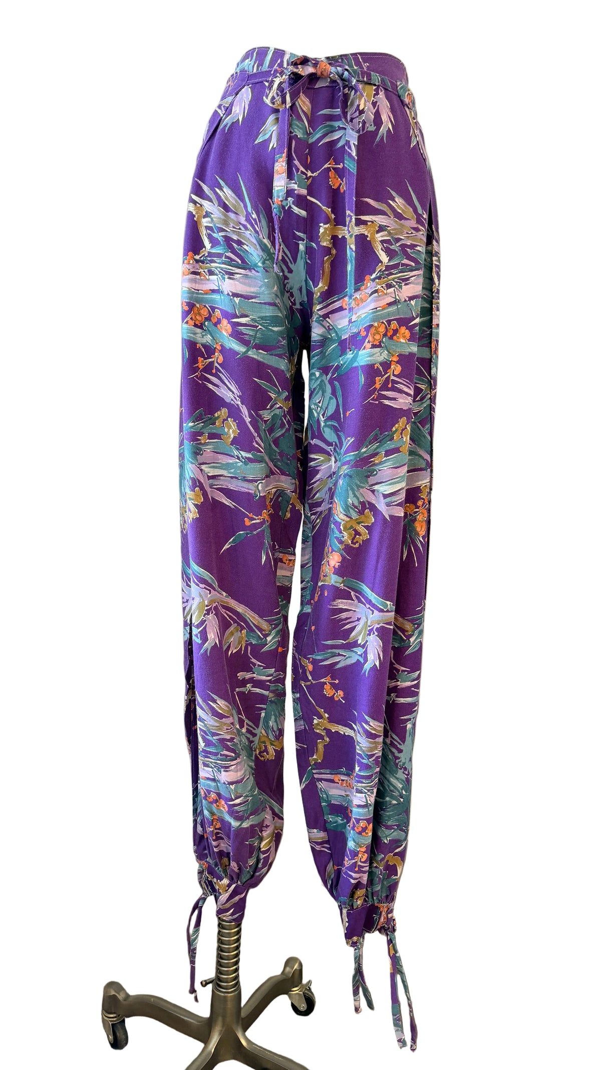 1960s Sports Paige Purple Tropical Print Cotton Wrap Harem Pants