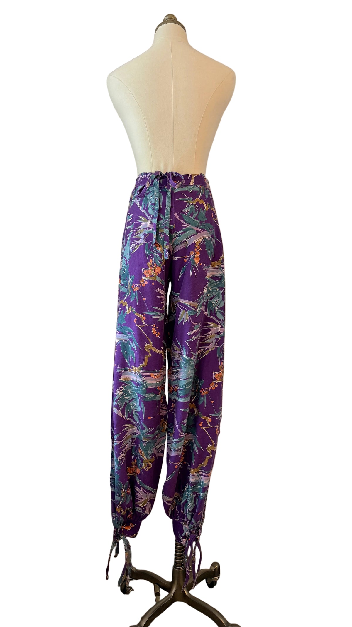 1960s Sports Paige Purple Tropical Print Cotton Wrap Harem Pants
