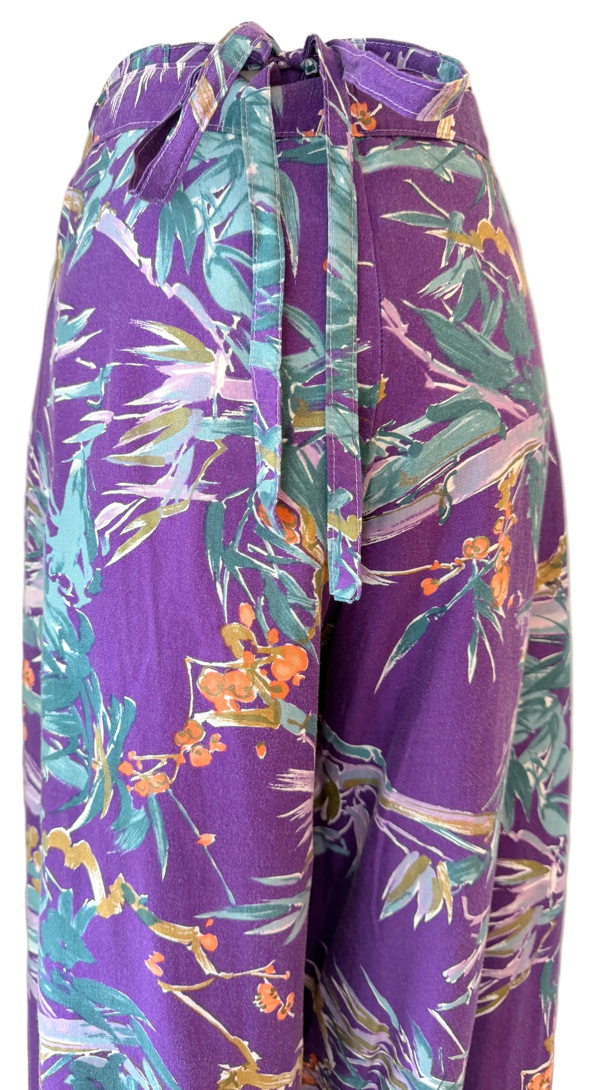1960s Sports Paige Purple Tropical Print Cotton Wrap Harem Pants