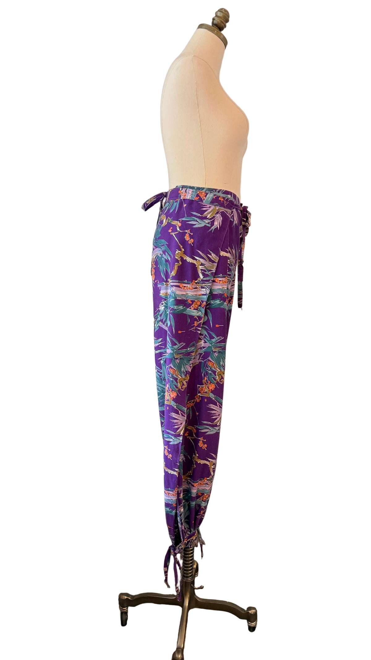 1960s Sports Paige Purple Tropical Print Cotton Wrap Harem Pants
