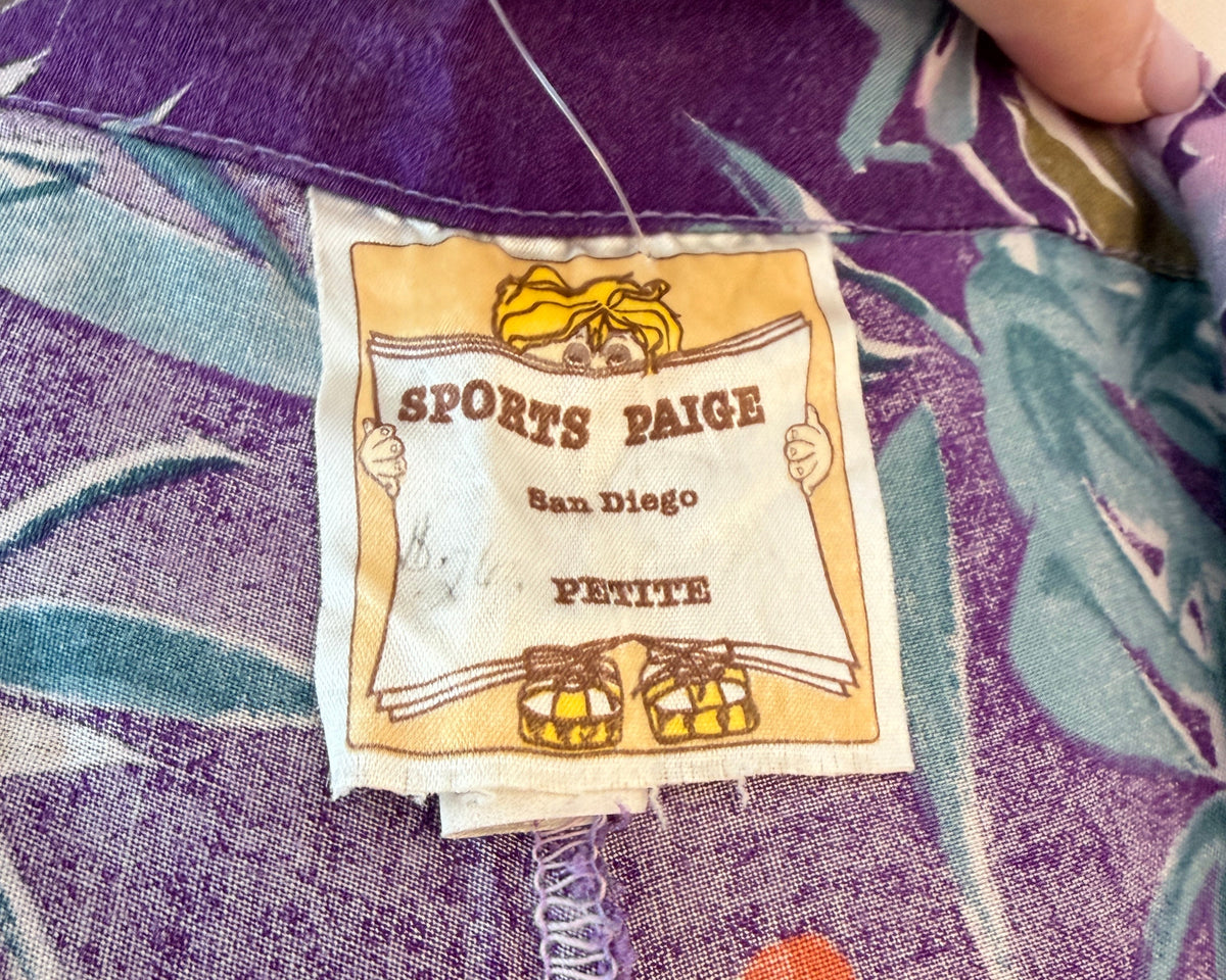 1960s Sports Paige Purple Tropical Print Cotton Wrap Harem Pants