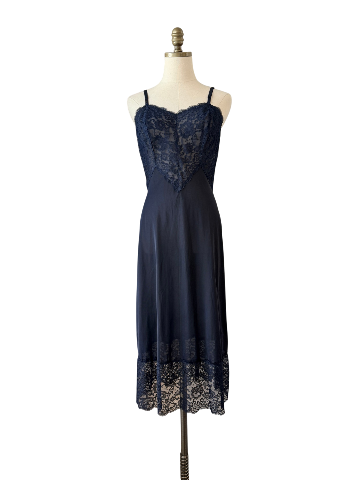 1960s Vanity Fair Navy Slip with Lace Top and Hem
