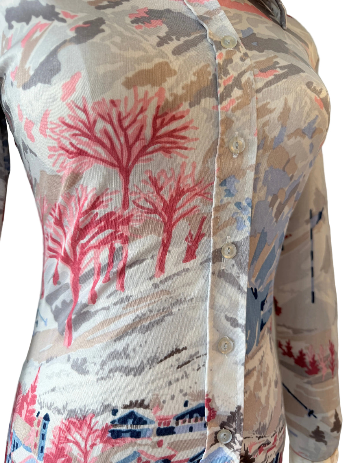 1970s Silk Novelty Ski & Chalet Print Blouse with Dagger Collar