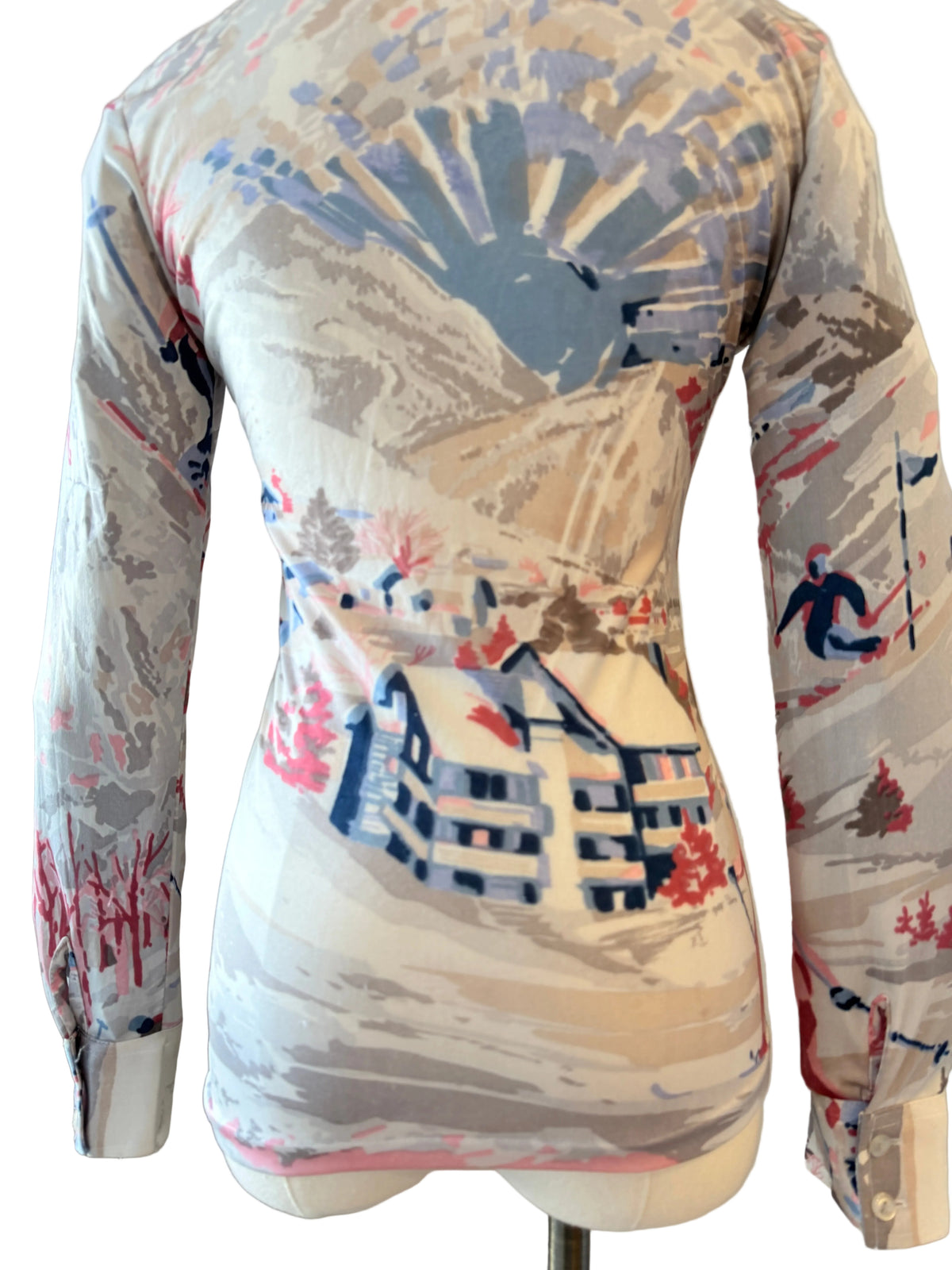 1970s Silk Novelty Ski & Chalet Print Blouse with Dagger Collar