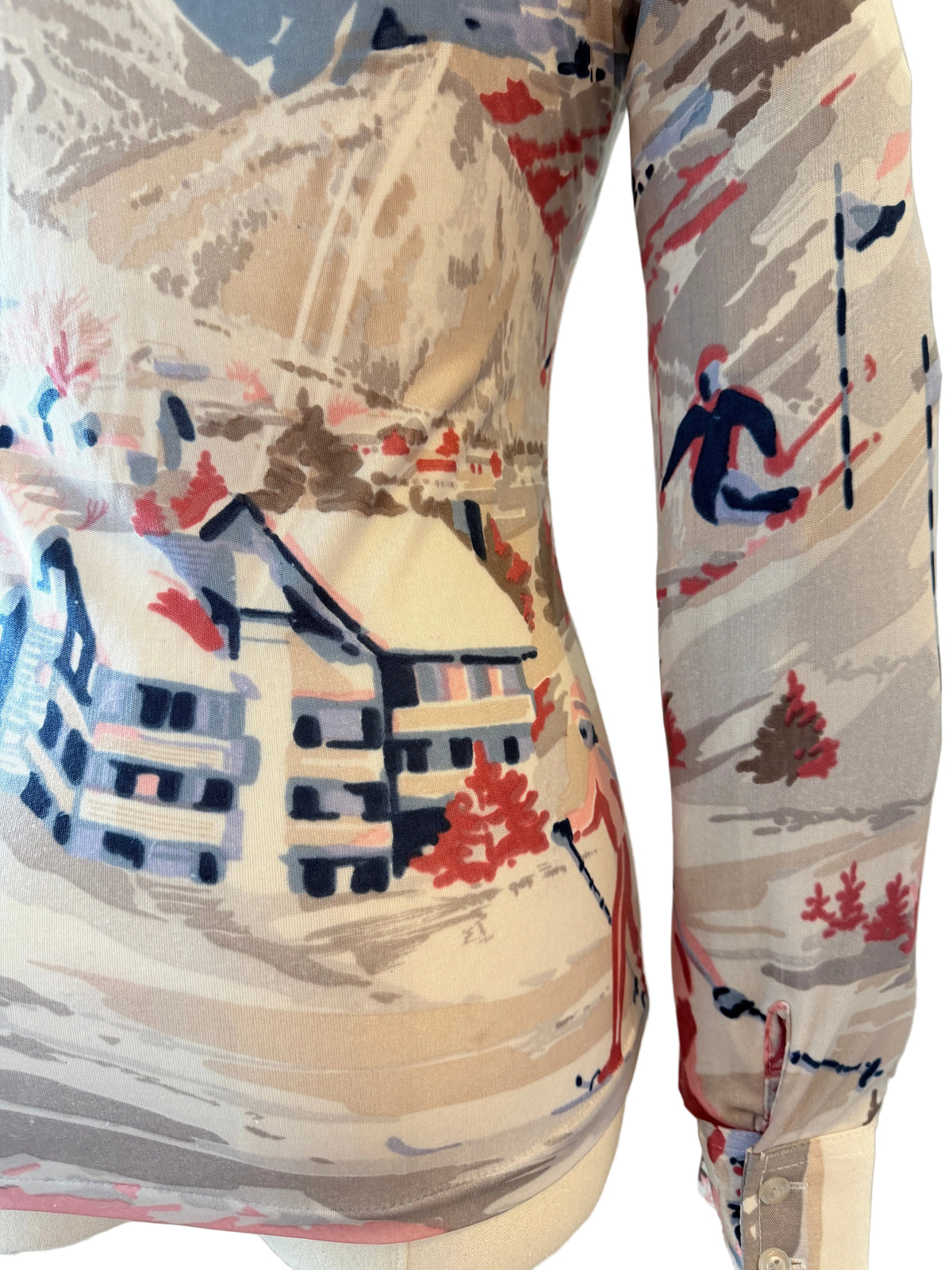 1970s Silk Novelty Ski & Chalet Print Blouse with Dagger Collar