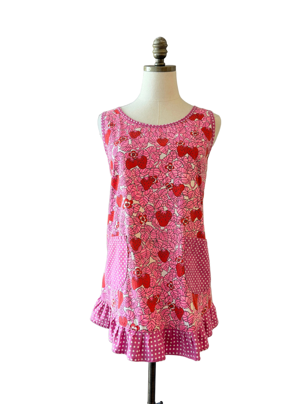 1970s Handmade Cotton Strawberry & Leaf Print Apron Top with Ruffle Hem