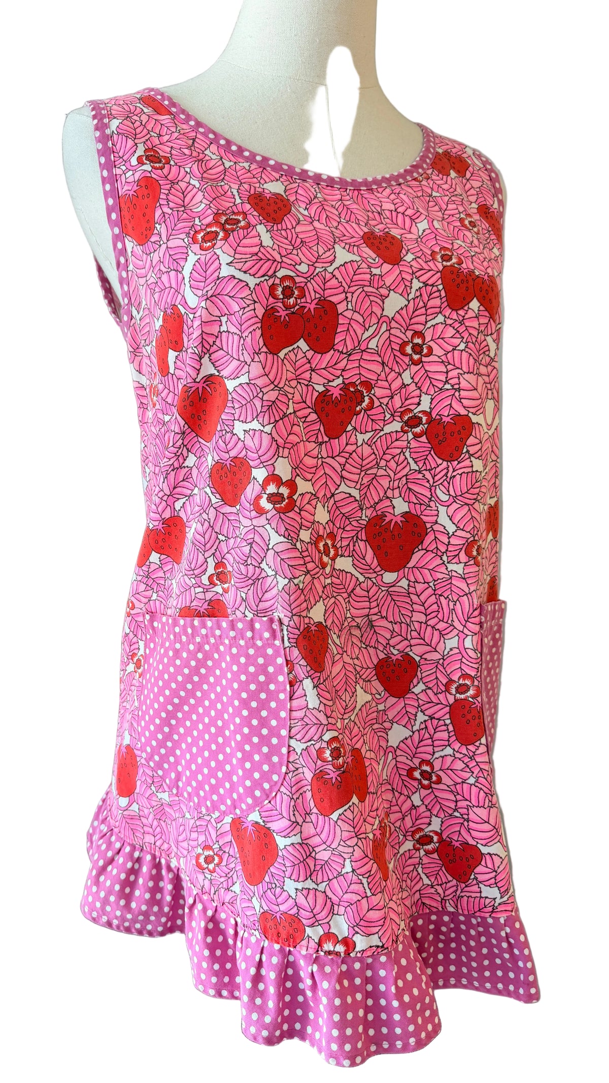 1970s Handmade Cotton Strawberry & Leaf Print Apron Top with Ruffle Hem