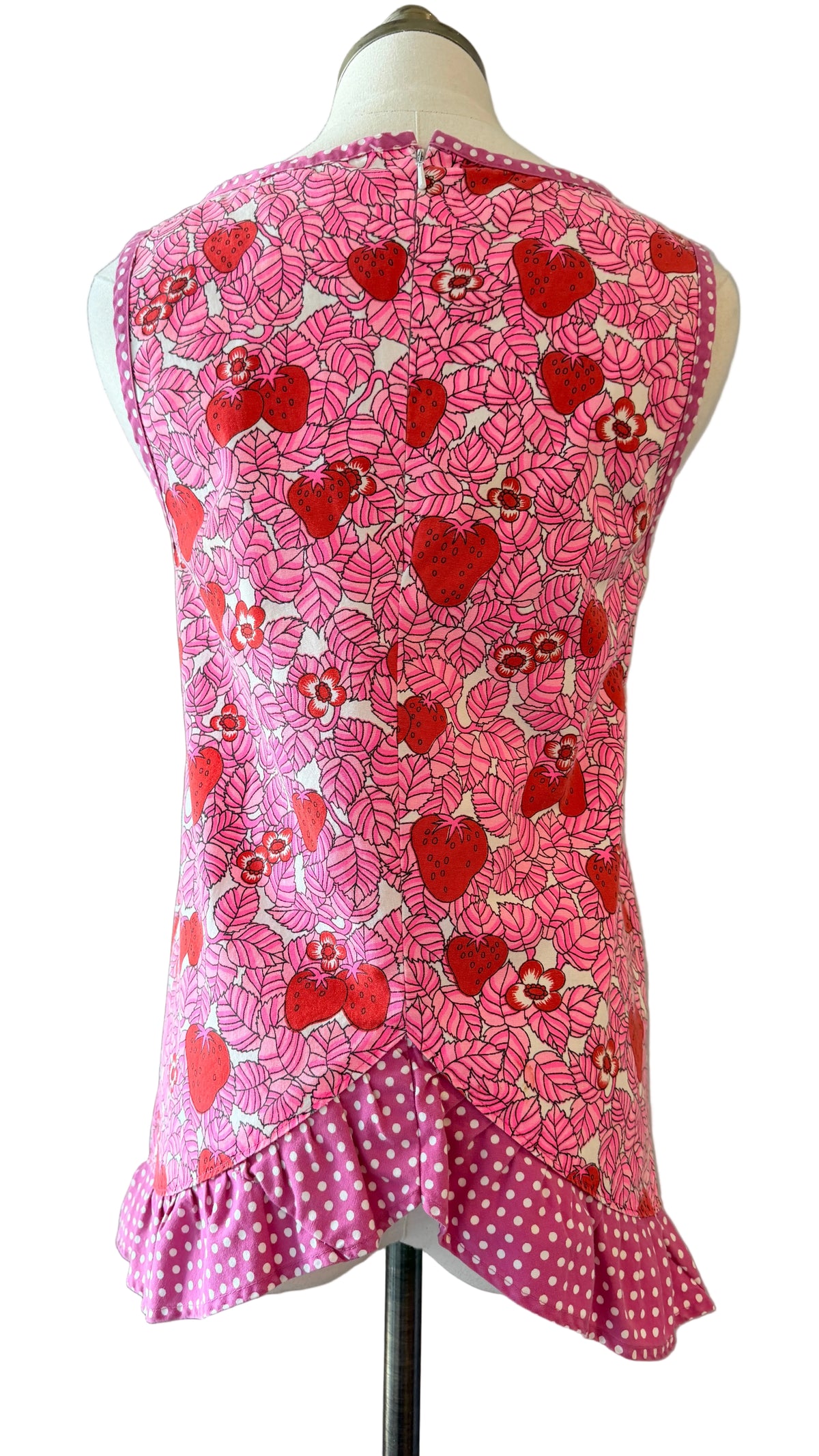 1970s Handmade Cotton Strawberry & Leaf Print Apron Top with Ruffle Hem