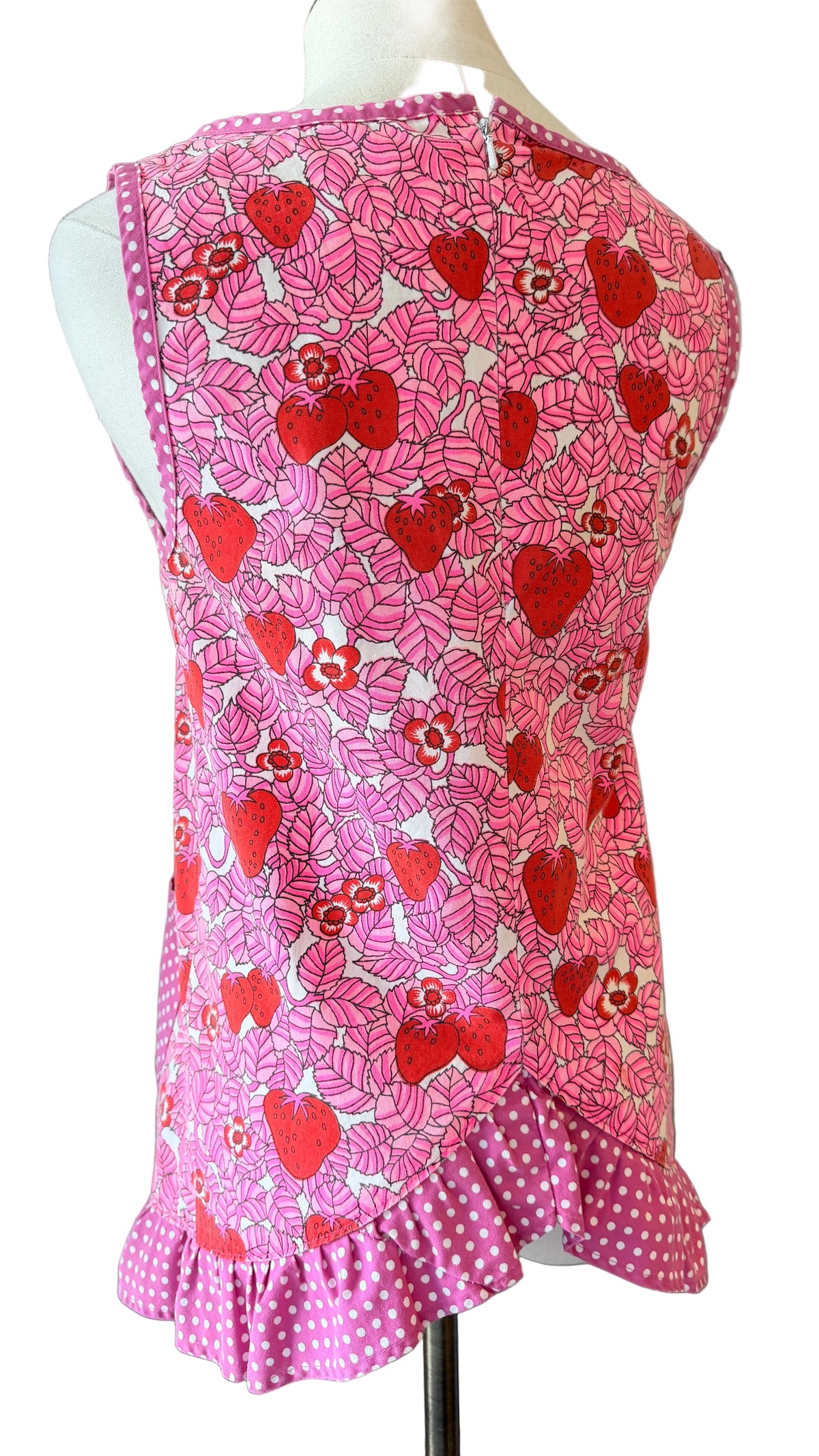 1970s Handmade Cotton Strawberry & Leaf Print Apron Top with Ruffle Hem