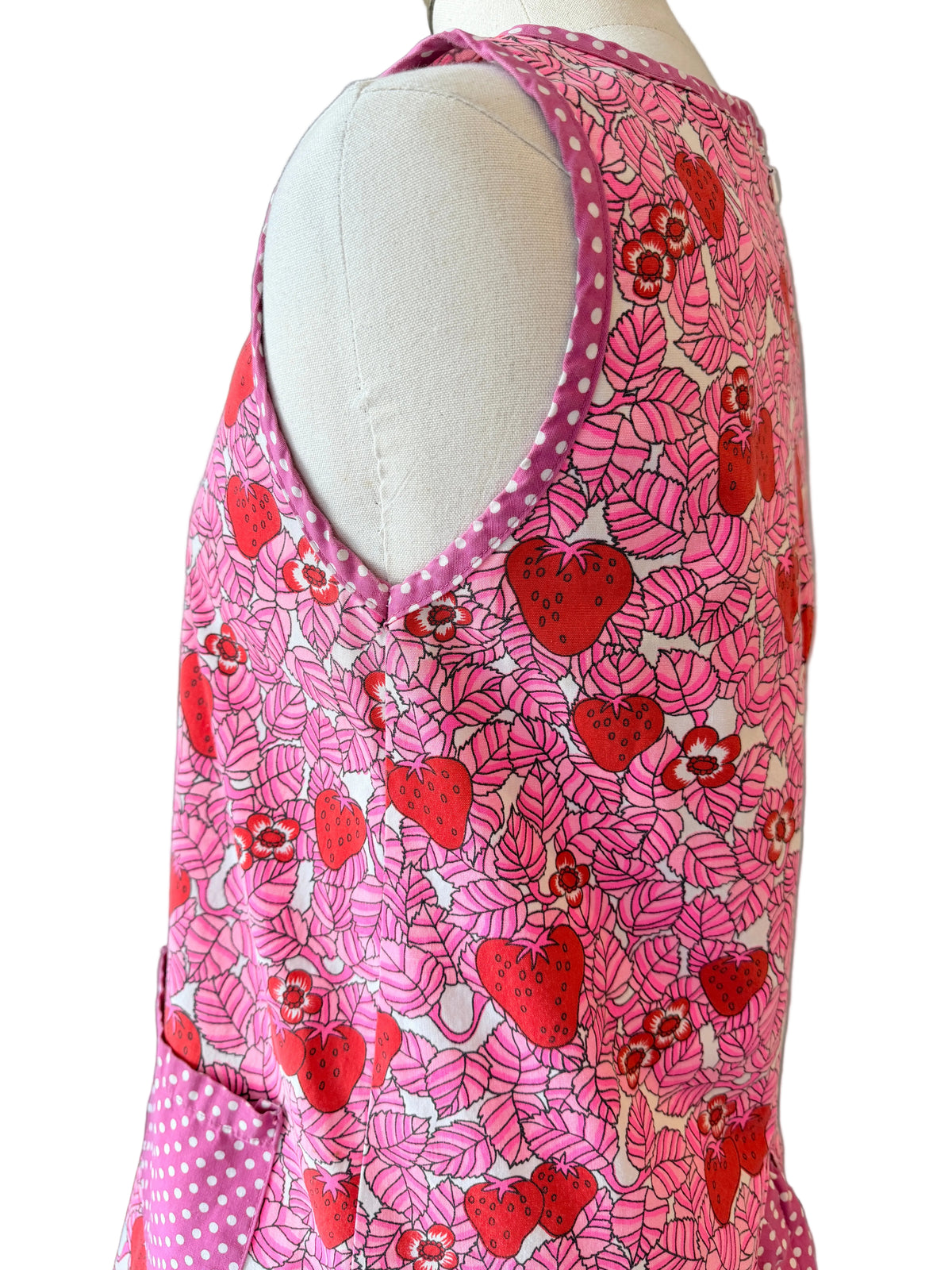 1970s Handmade Cotton Strawberry & Leaf Print Apron Top with Ruffle Hem