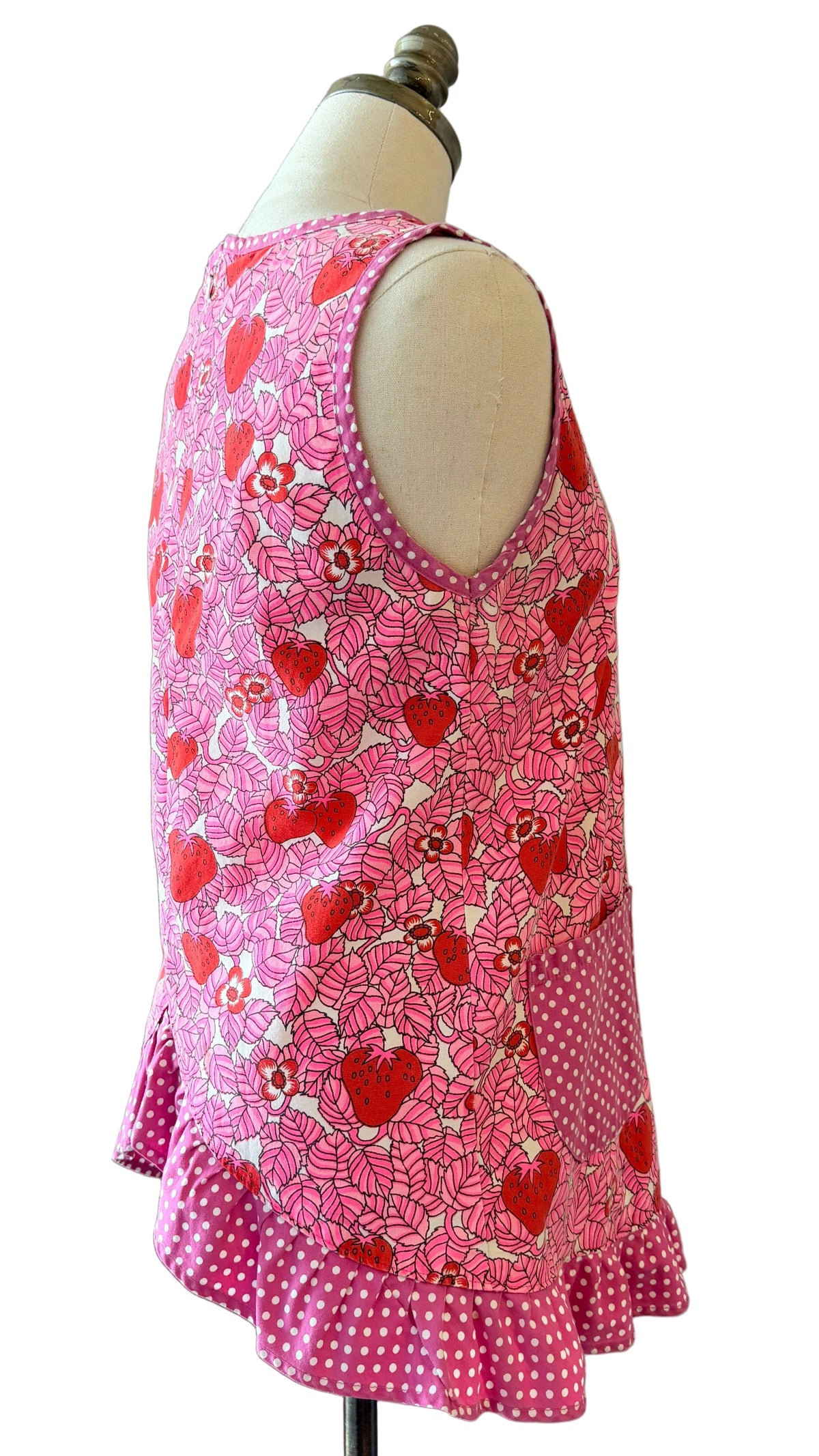 1970s Handmade Cotton Strawberry & Leaf Print Apron Top with Ruffle Hem