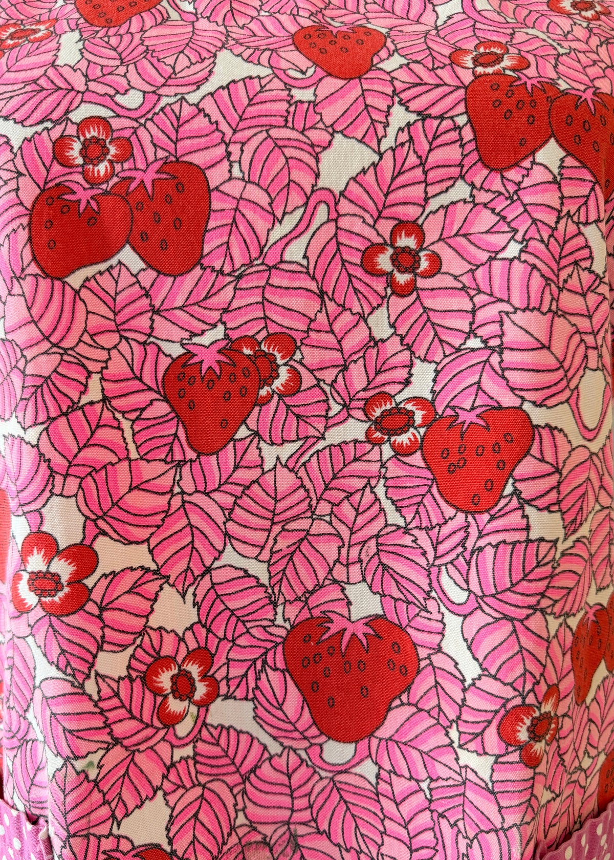1970s Handmade Cotton Strawberry & Leaf Print Apron Top with Ruffle Hem