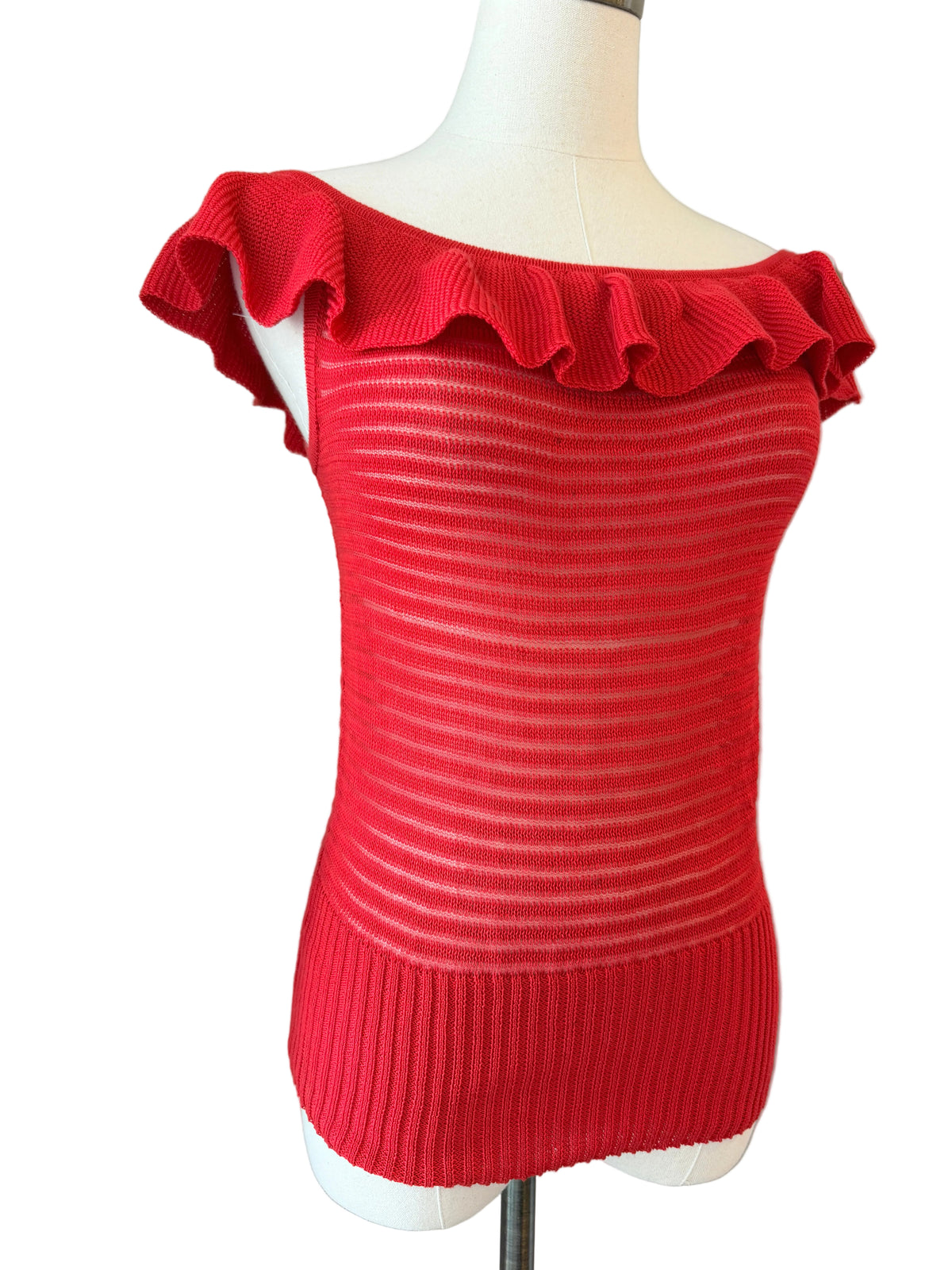 1970s Yves Saint Laurent Red Open-Knit Off-the-Shoulder Ruffle Top