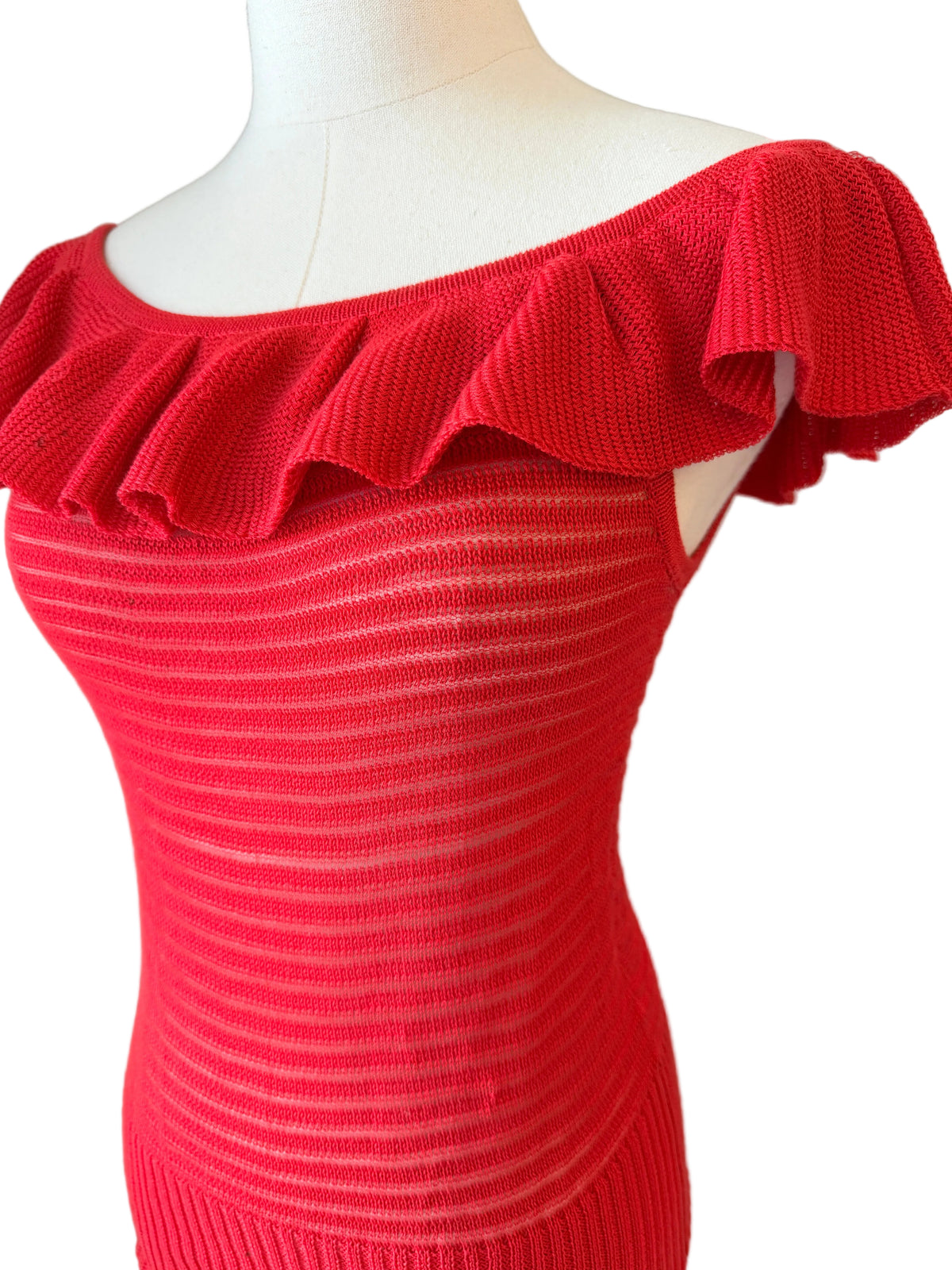 1970s Yves Saint Laurent Red Open-Knit Off-the-Shoulder Ruffle Top