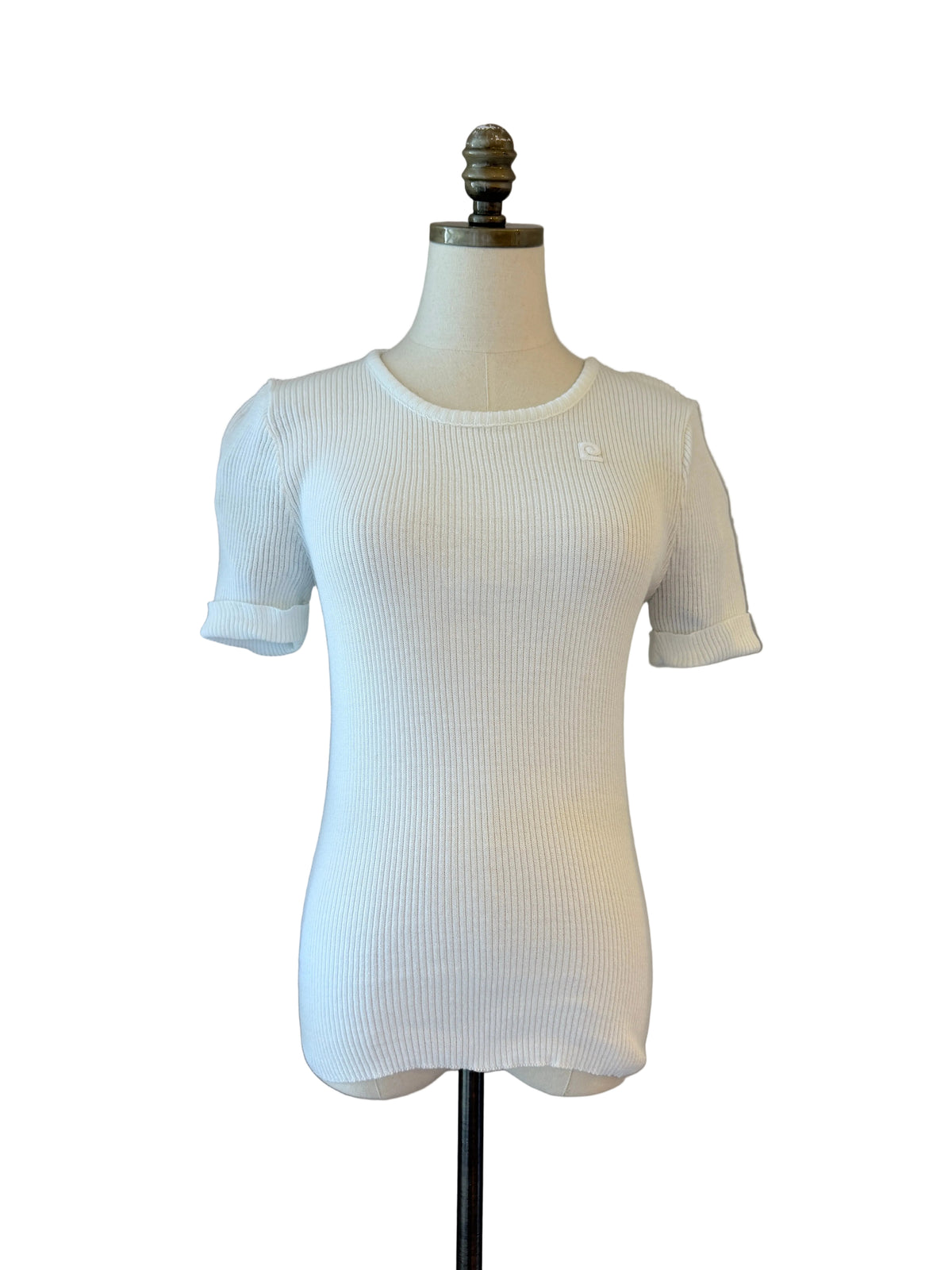 1970s Pierre Cardin White Ribbed Short-Sleeve Sweater Tee with Logo