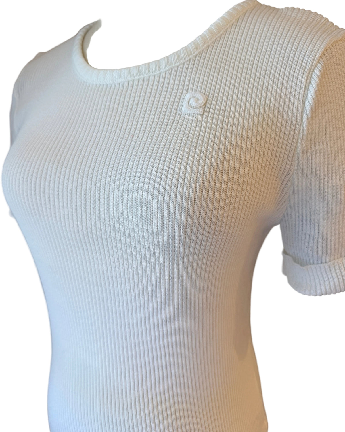 1970s Pierre Cardin White Ribbed Short-Sleeve Sweater Tee with Logo