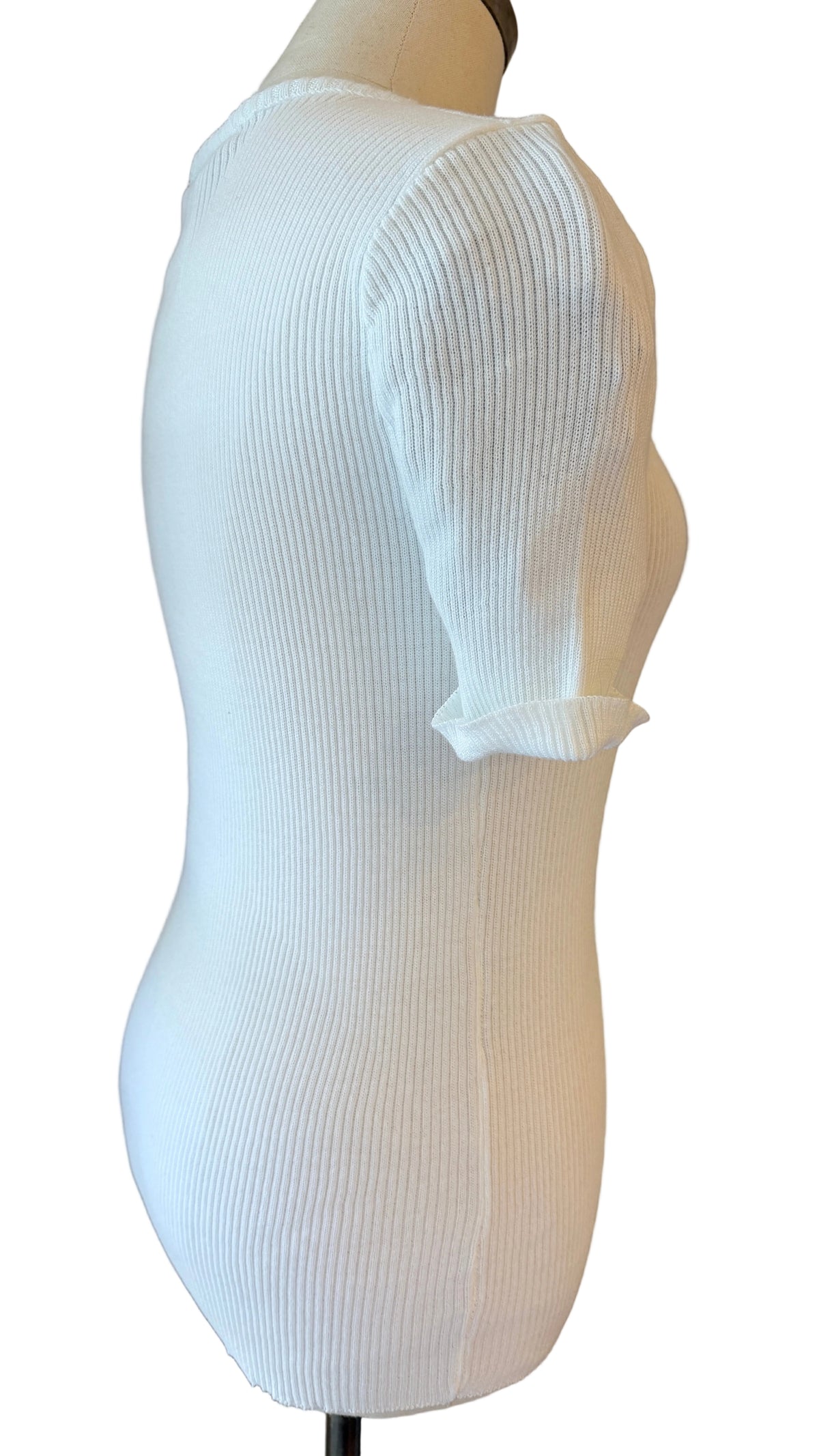 1970s Pierre Cardin White Ribbed Short-Sleeve Sweater Tee with Logo