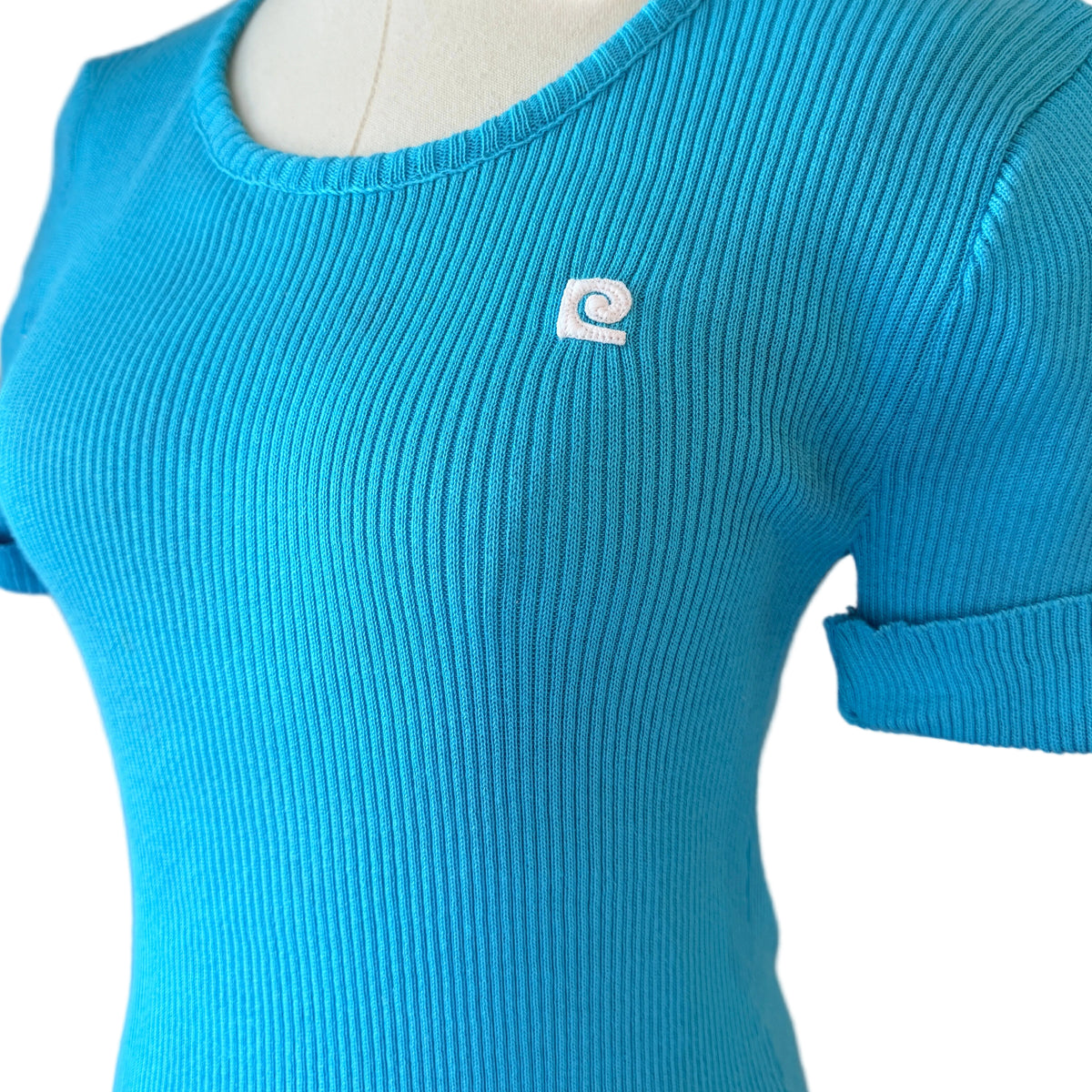 1970s Pierre Cardin Aqua Ribbed Short-Sleeve Sweater Tee with Logo