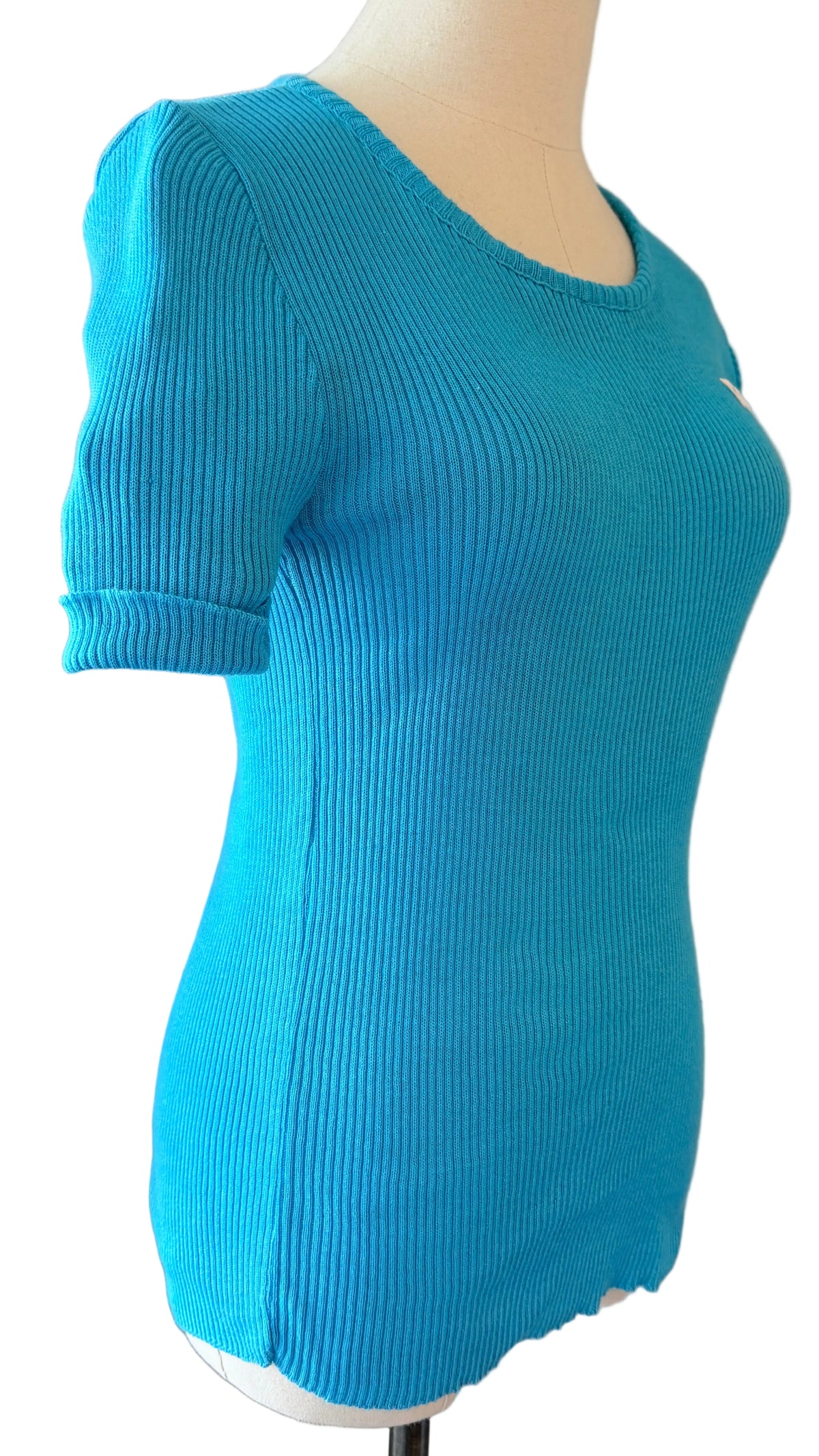 1970s Pierre Cardin Aqua Ribbed Short-Sleeve Sweater Tee with Logo
