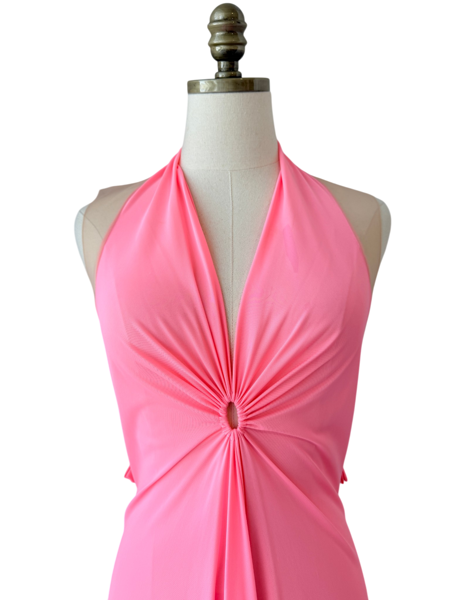 1960s Lucie Ann Pink Floor-Length Nightgown with Gathered Bust and Sheer Back