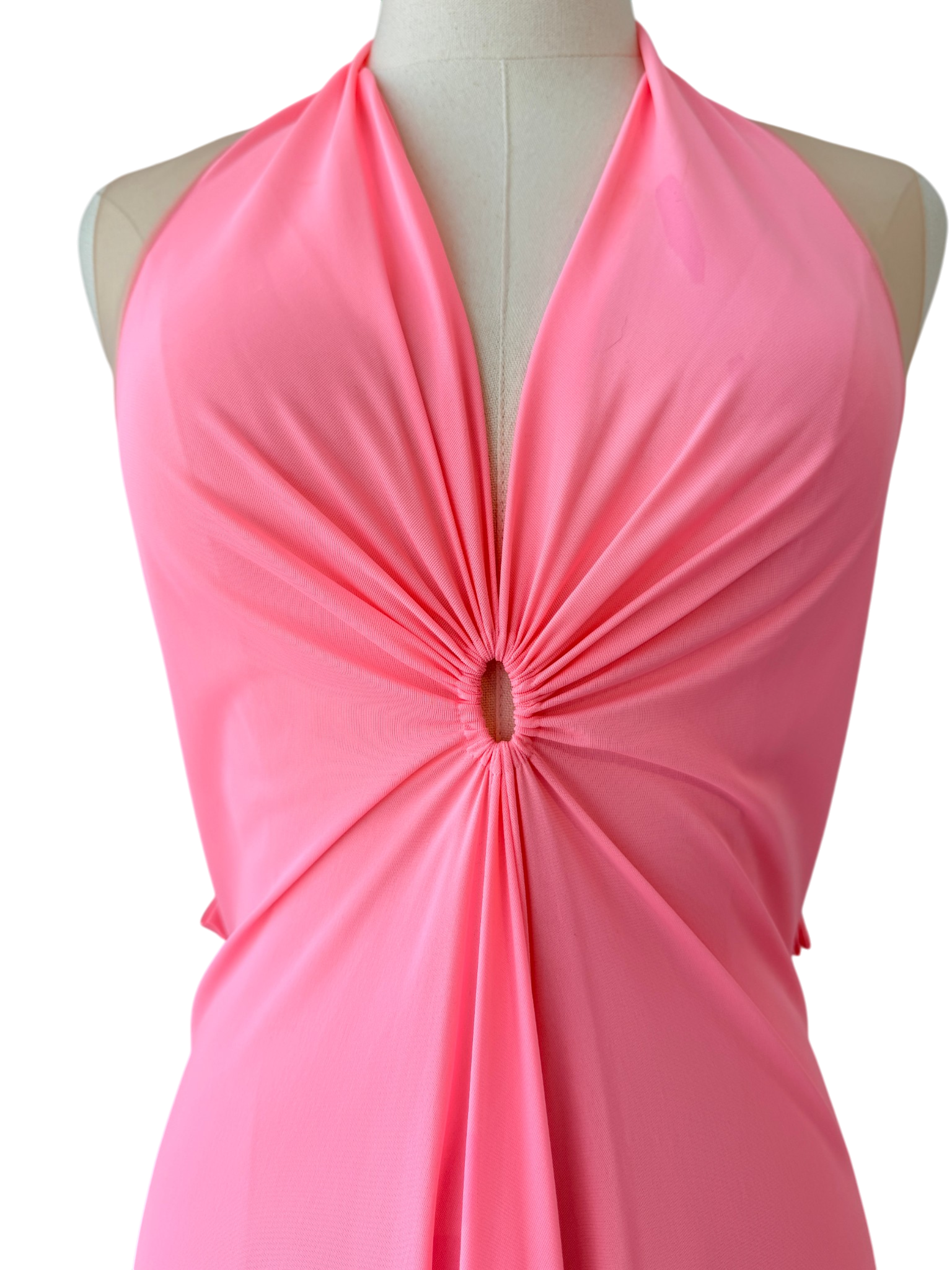 1960s Lucie Ann Pink Floor-Length Nightgown with Gathered Bust and Sheer Back