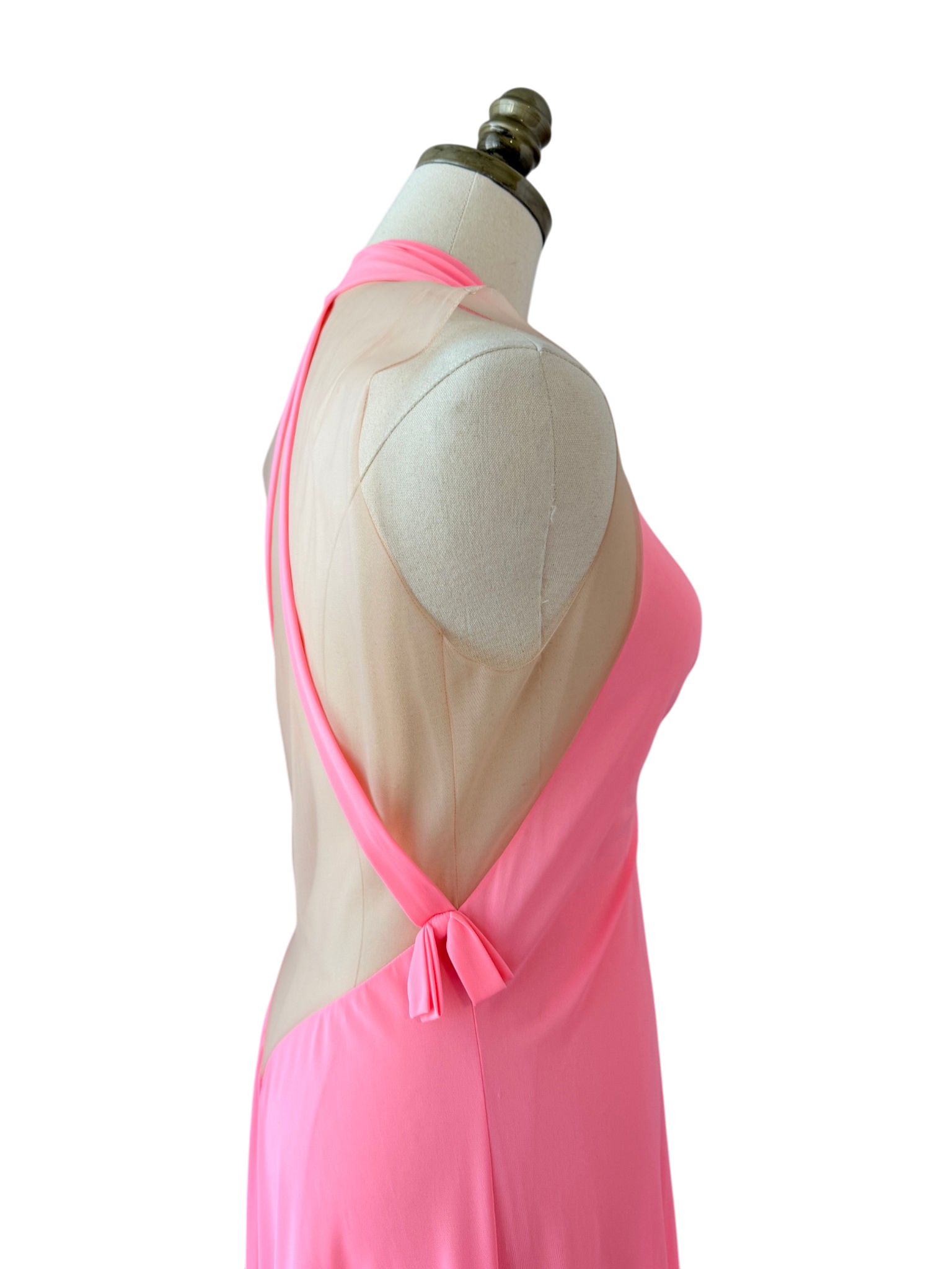 1960s Lucie Ann Pink Floor-Length Nightgown with Gathered Bust and Sheer Back
