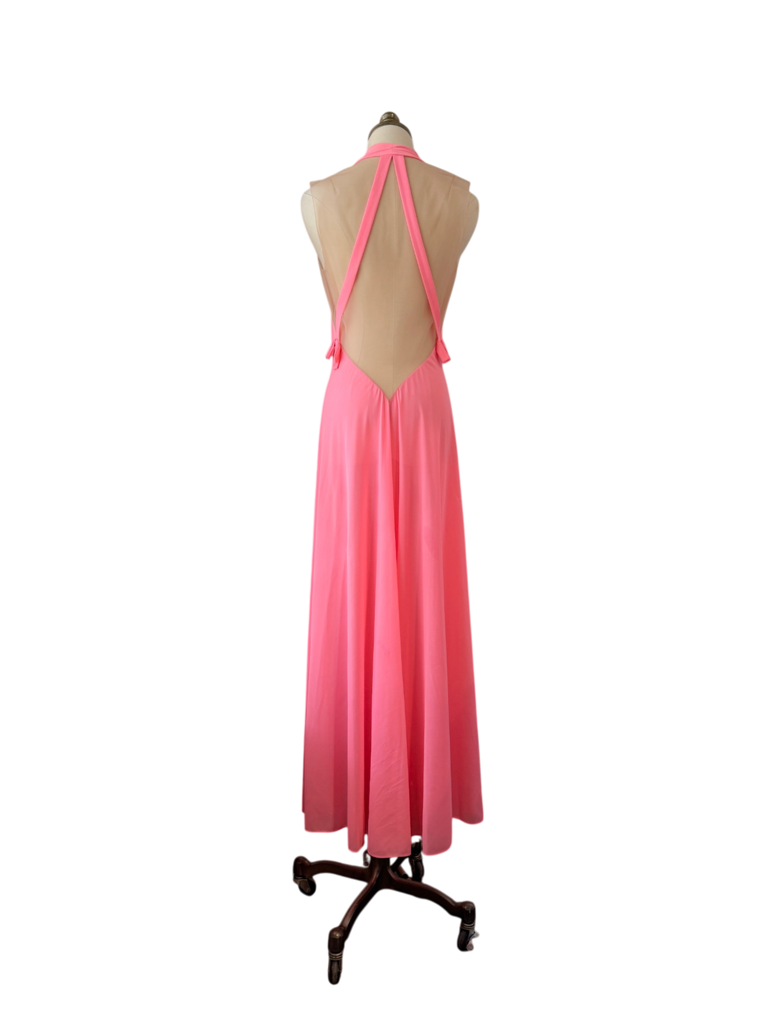 1960s Lucie Ann Pink Floor-Length Nightgown with Gathered Bust and Sheer Back