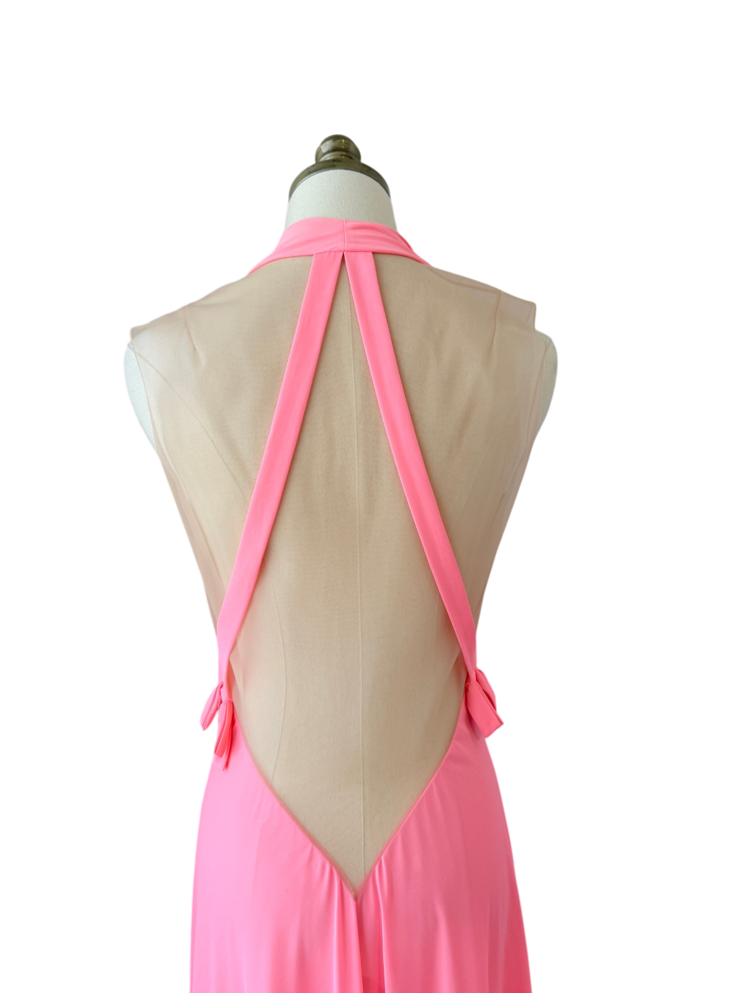 1960s Lucie Ann Pink Floor-Length Nightgown with Gathered Bust and Sheer Back