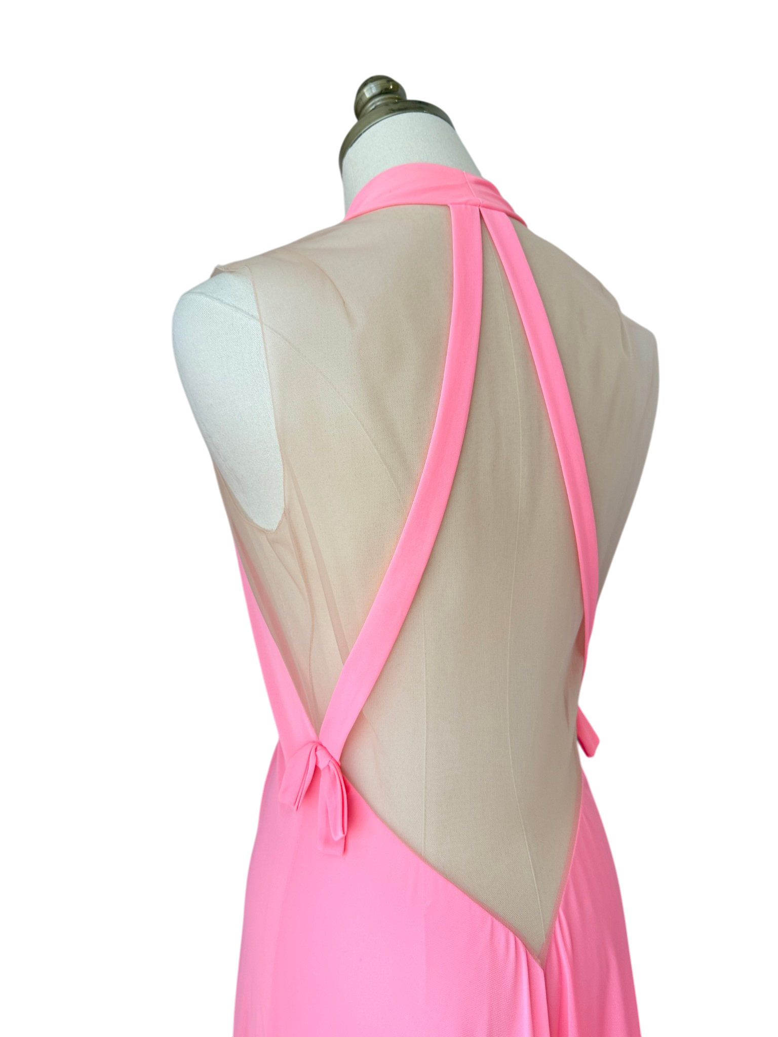 1960s Lucie Ann Pink Floor-Length Nightgown with Gathered Bust and Sheer Back
