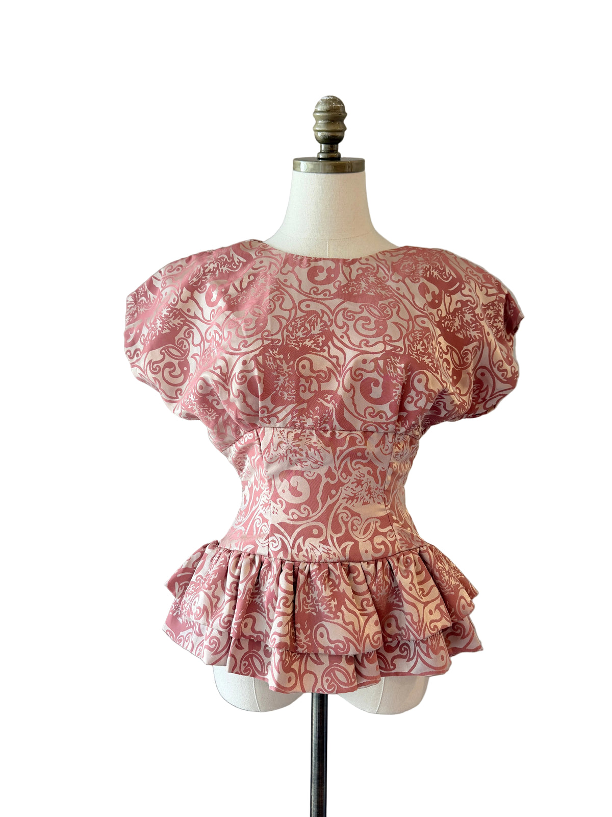 1980s Handmade Satin Damask Fitted Peplum Blouse with Dolman Cap Sleeves